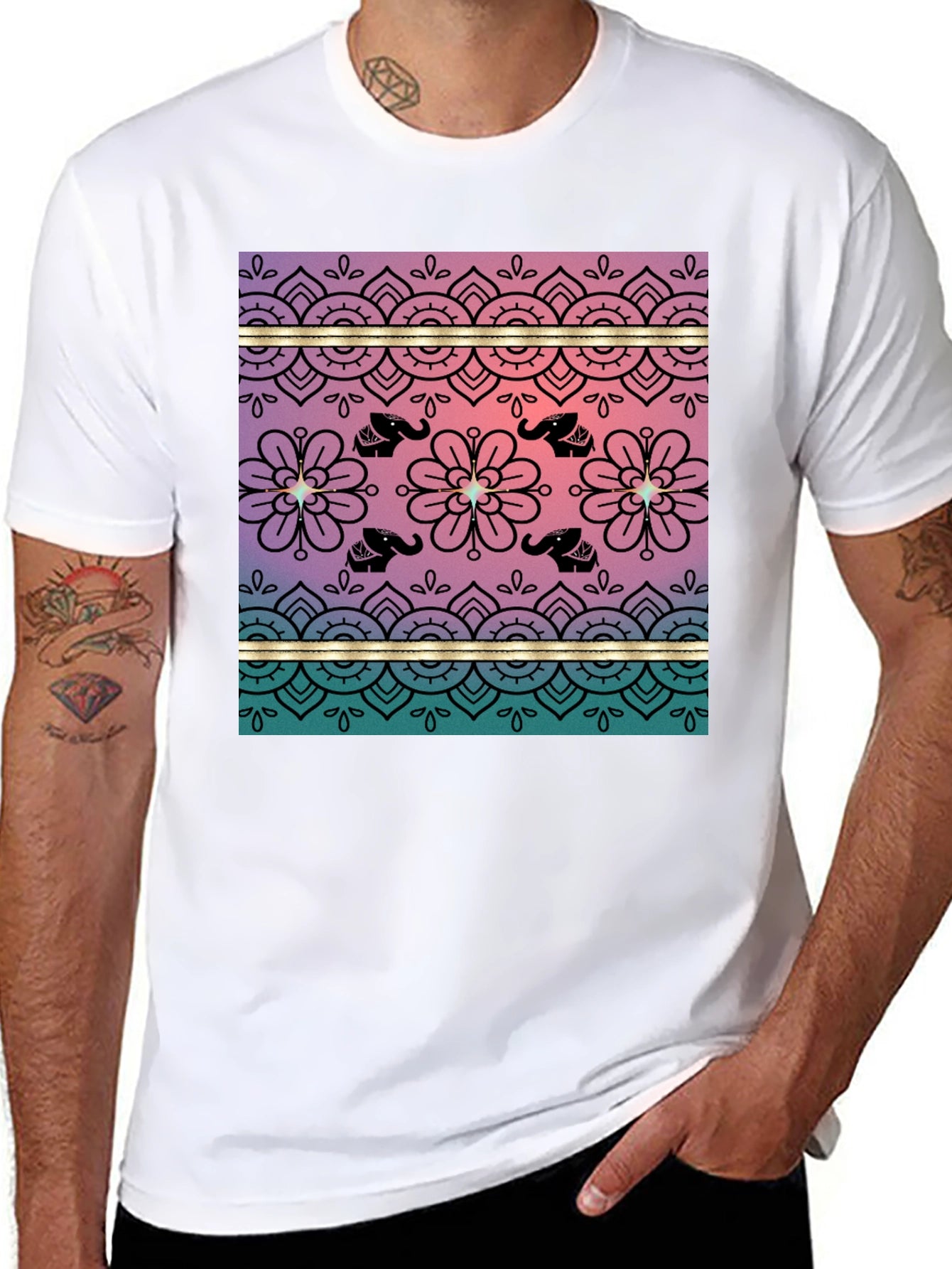 Elephant Mandala Print Tee - Soft Black Cotton Blend