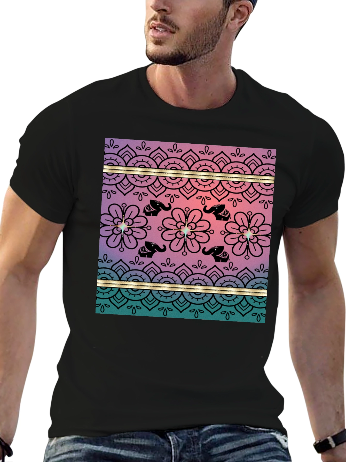 Elephant Mandala Print Tee - Soft Black Cotton Blend