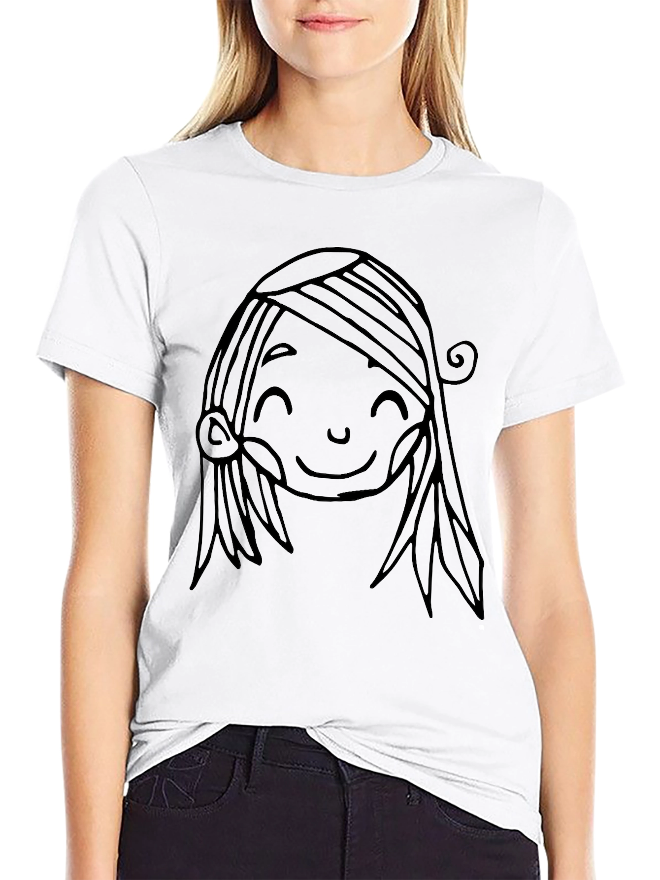 Cute Cartoon Face Graphic Black T-Shirt