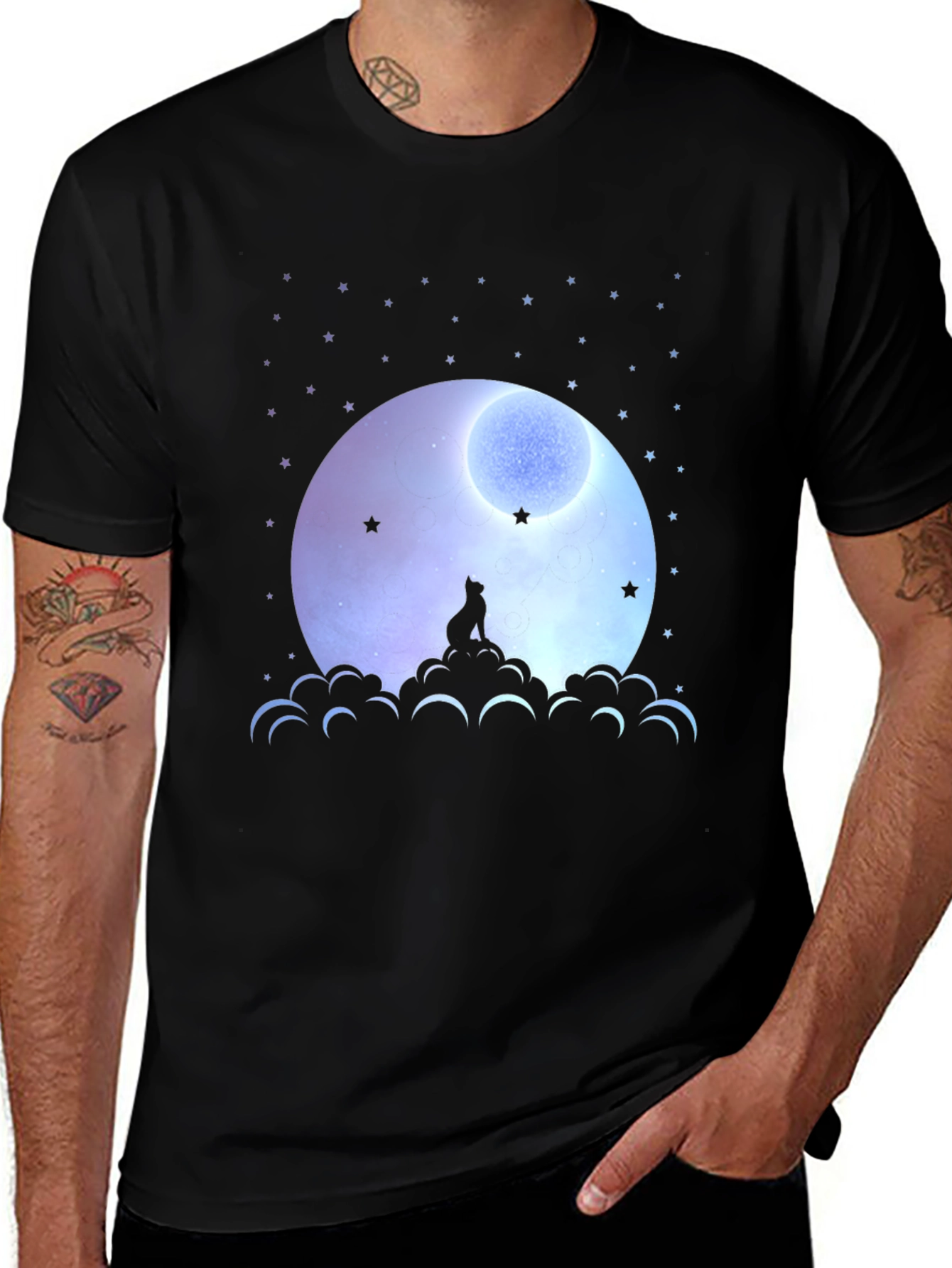 Moon Gazing Cat Graphic Tee - Black Cotton T-Shirt