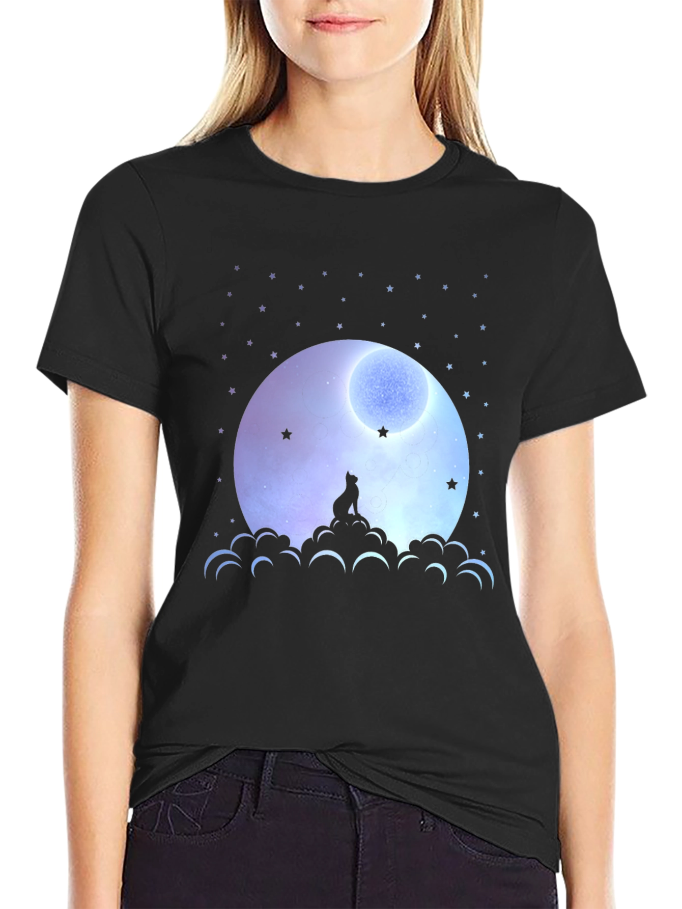 Moon Gazing Cat Graphic Tee - Black Cotton T-Shirt