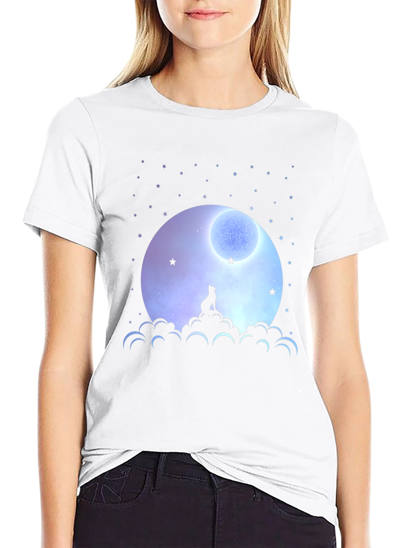 Moon Gazing Cat Graphic Tee - Black Cotton T-Shirt
