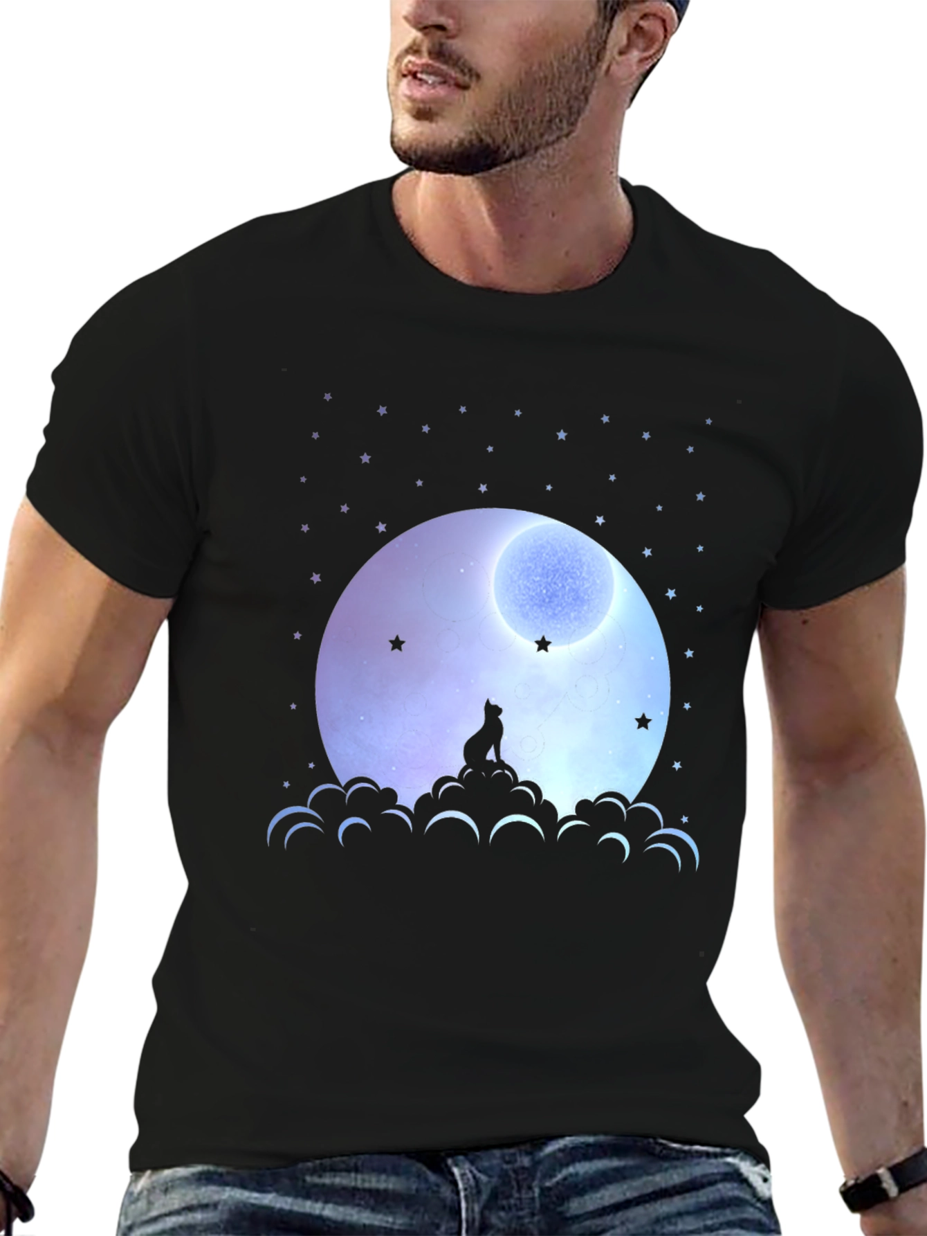 Moon Gazing Cat Graphic Tee - Black Cotton T-Shirt