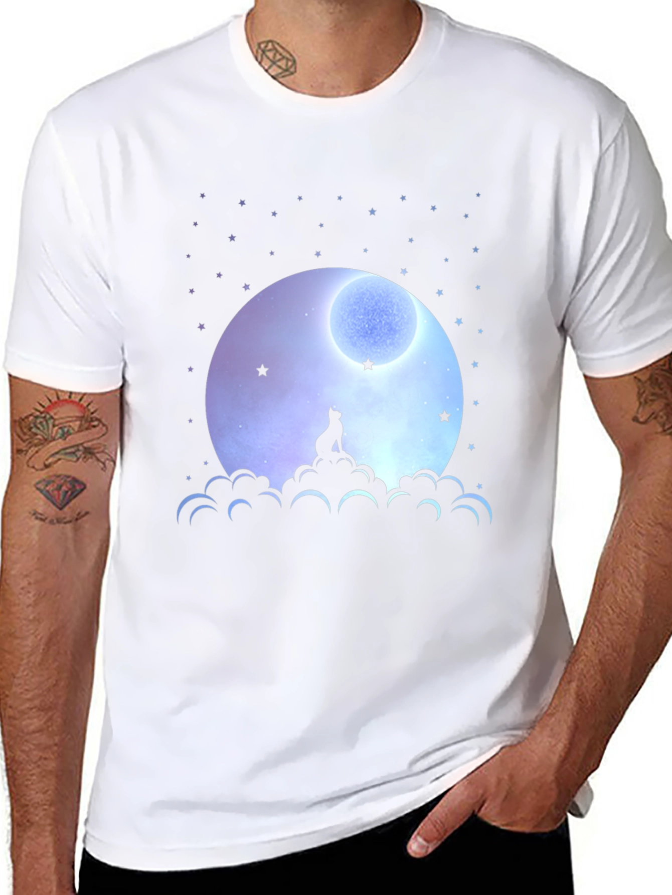 Moon Gazing Cat Graphic Tee - Black Cotton T-Shirt