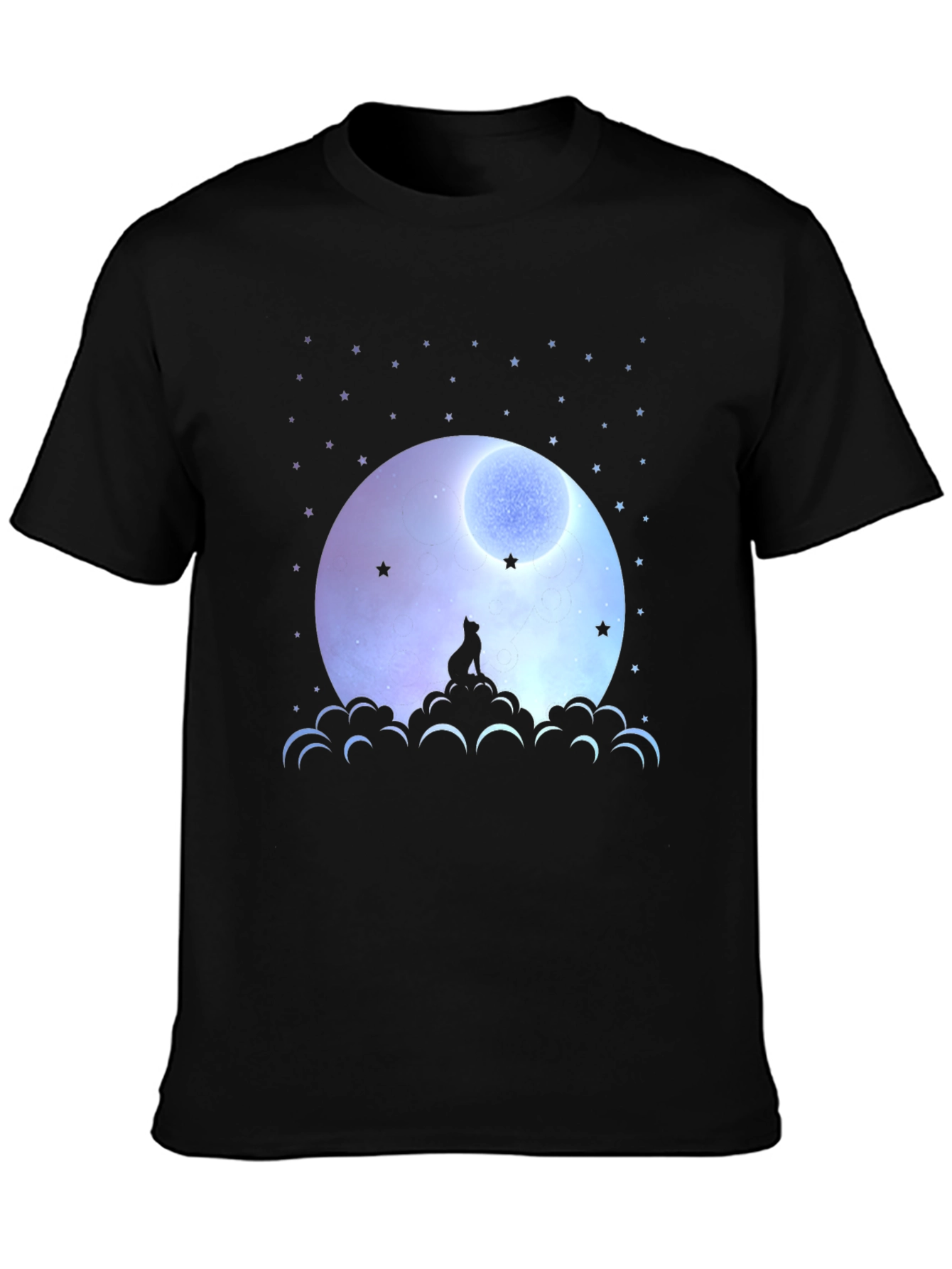 Moon Gazing Cat Graphic Tee - Black Cotton T-Shirt