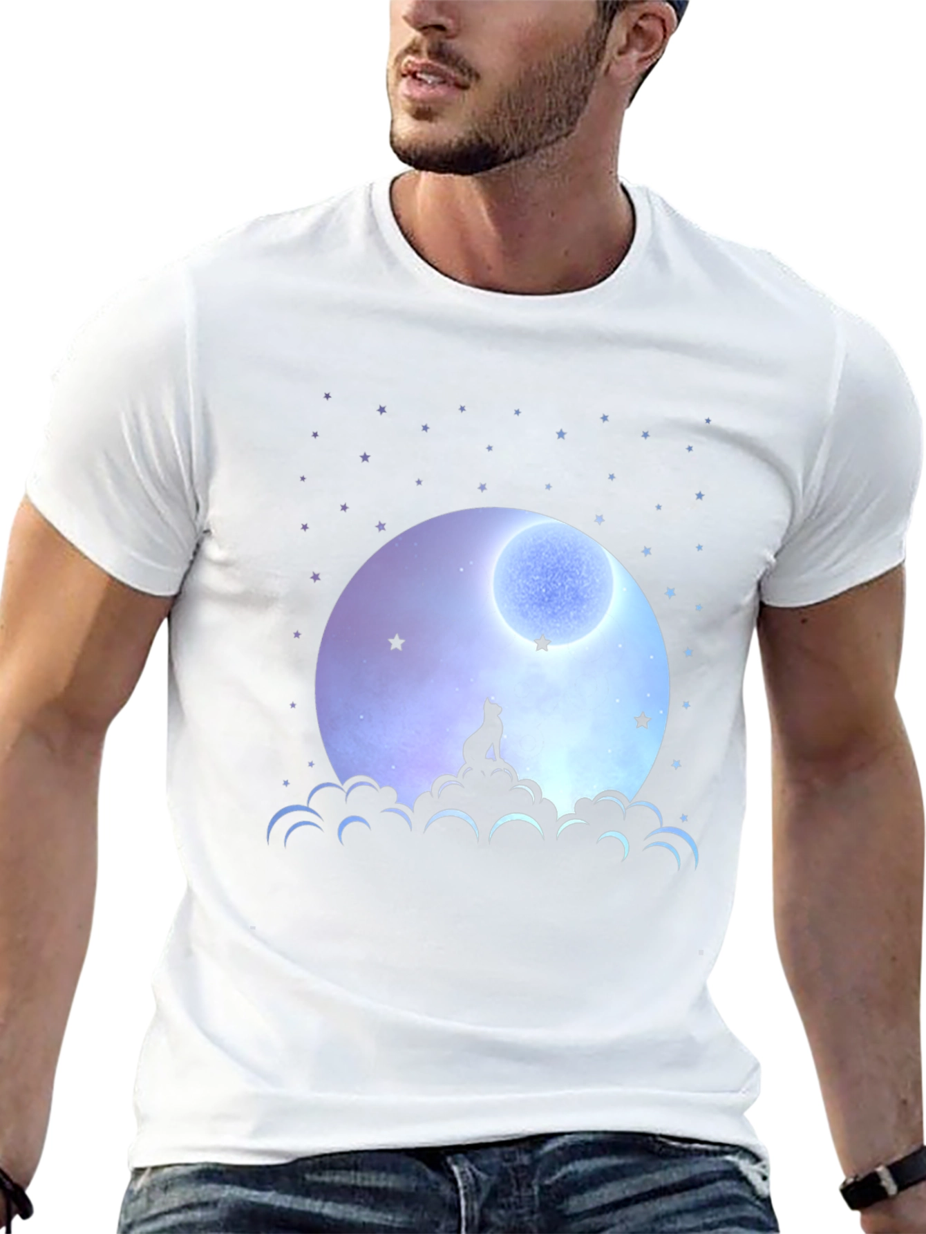 Moon Gazing Cat Graphic Tee - Black Cotton T-Shirt