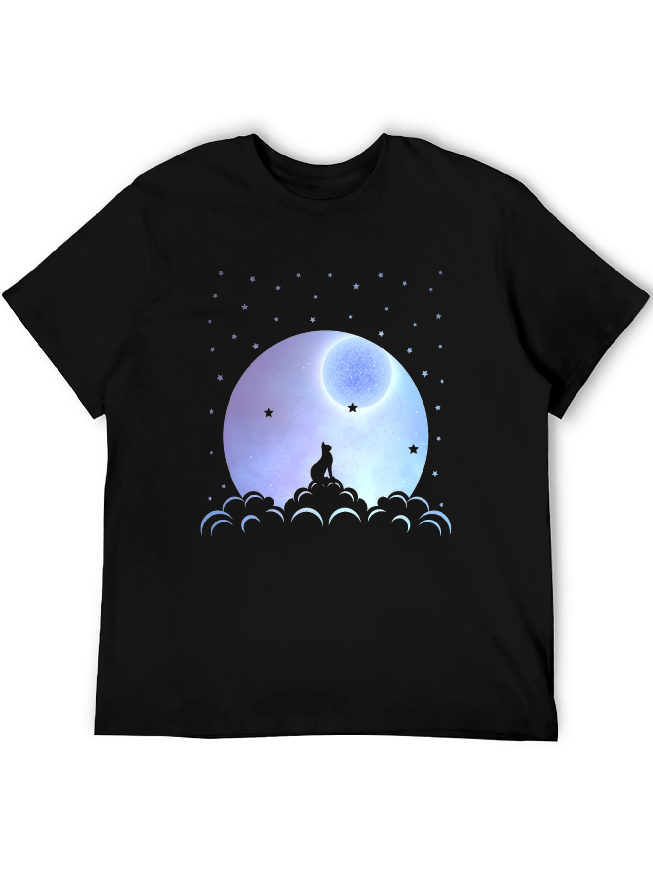 Moon Gazing Cat Graphic Tee - Black Cotton T-Shirt