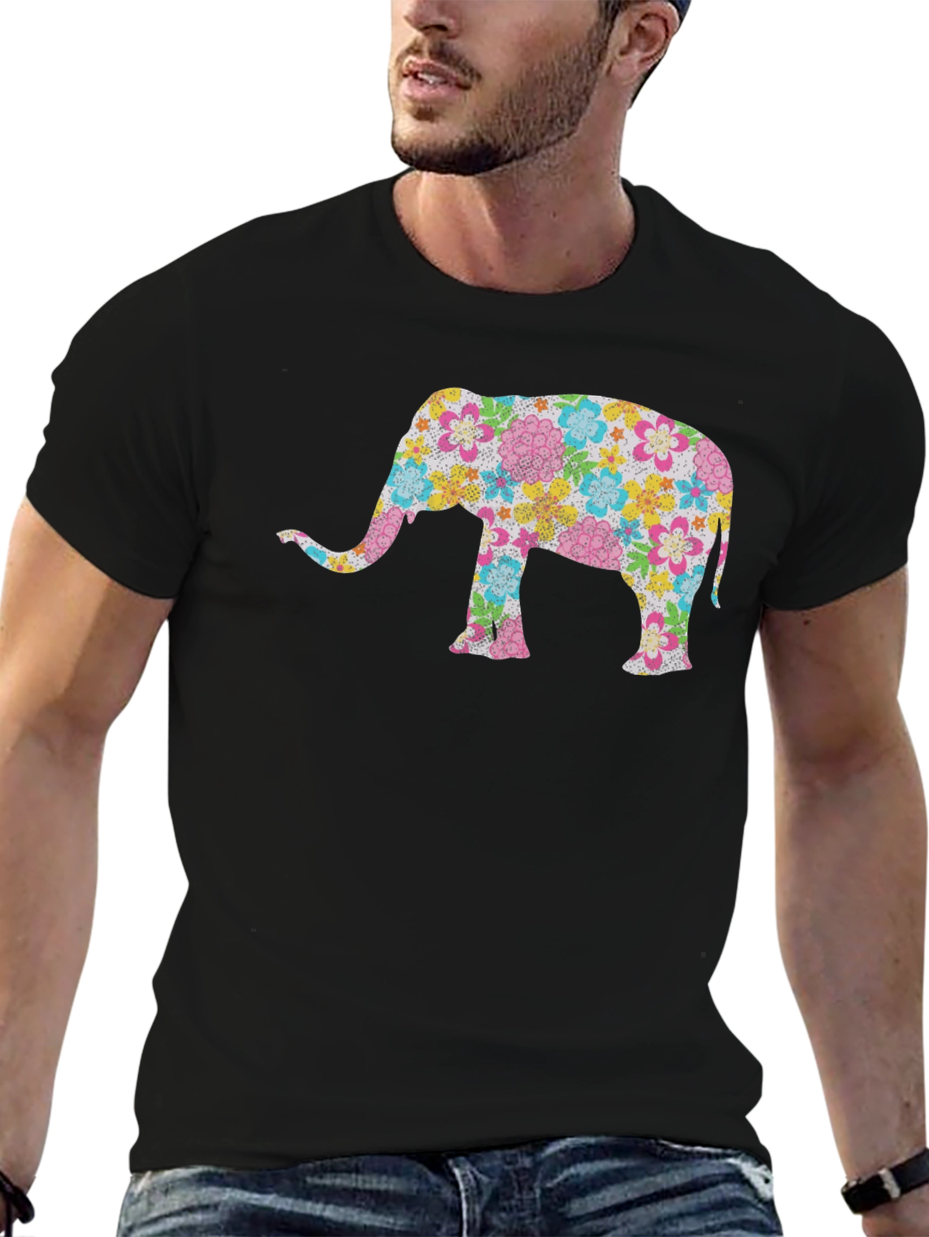 Floral Elephant Black T-Shirt - Unique Design