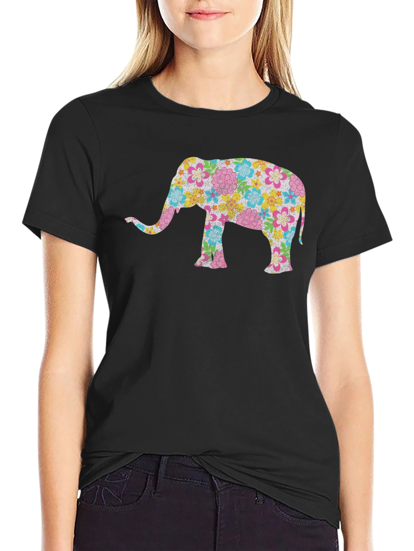 Floral Elephant Black T-Shirt - Unique Design