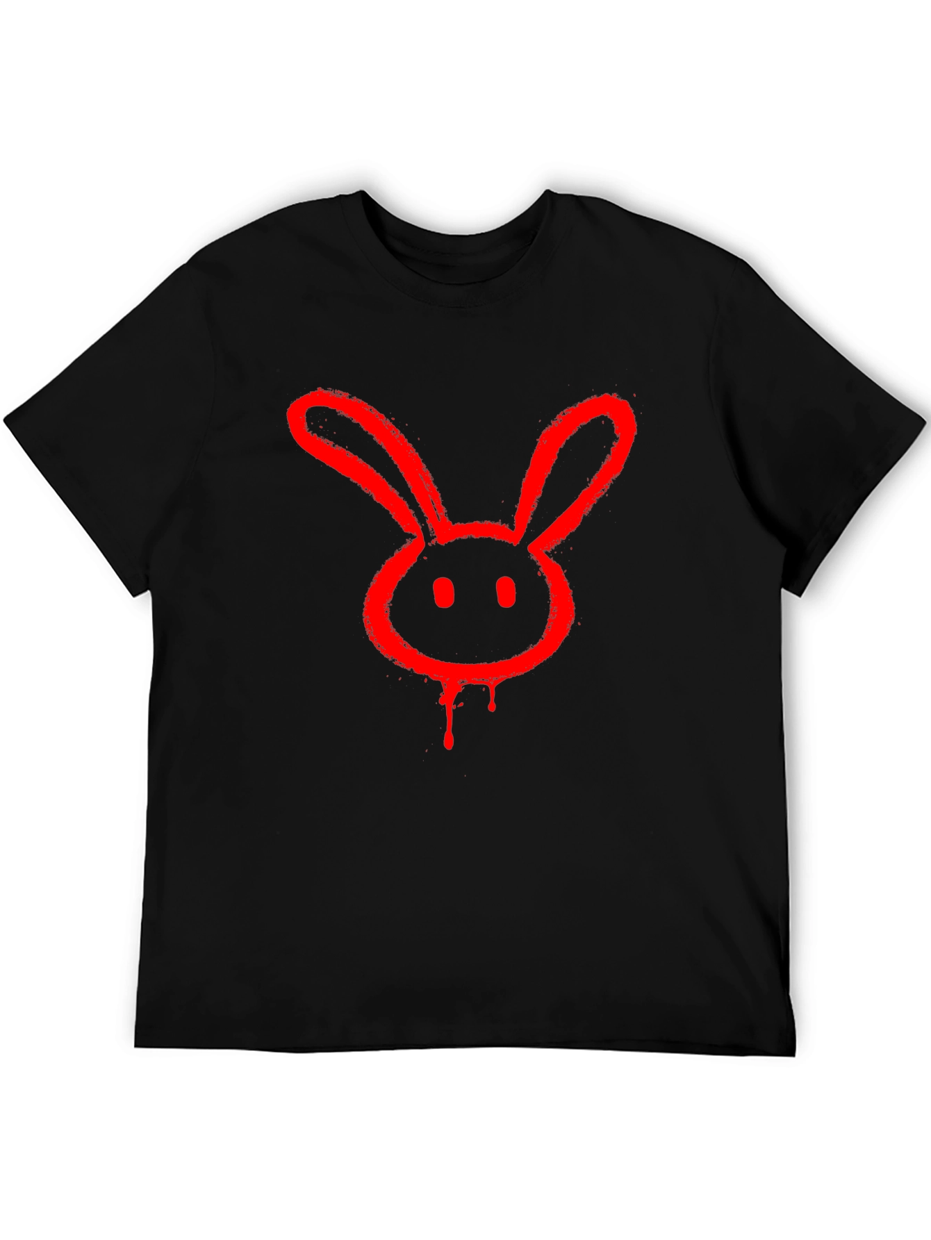 Red Bunny Graphic Tee - Black Cotton Casual T-Shirt