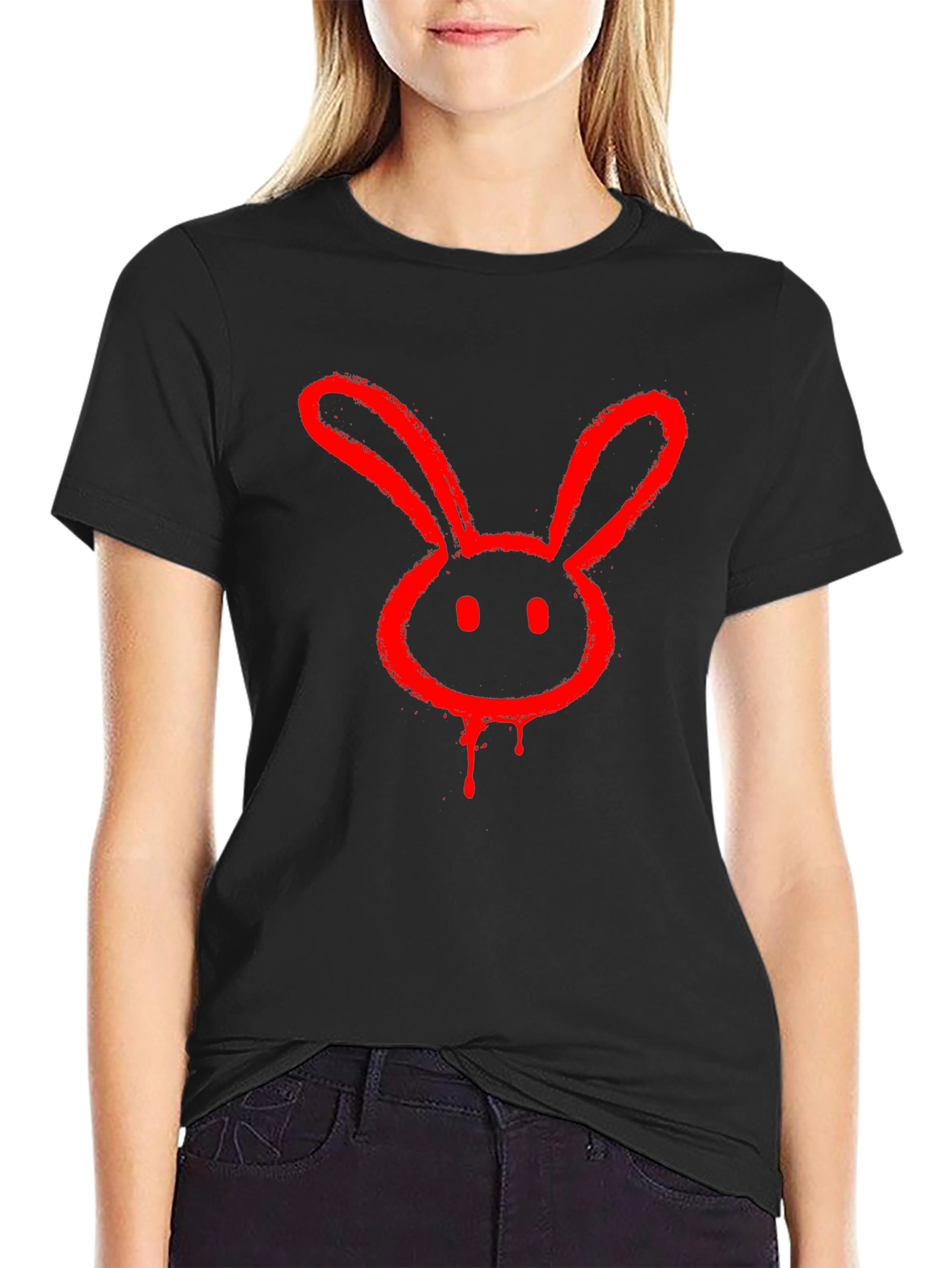 Red Bunny Graphic Tee - Black Cotton Casual T-Shirt