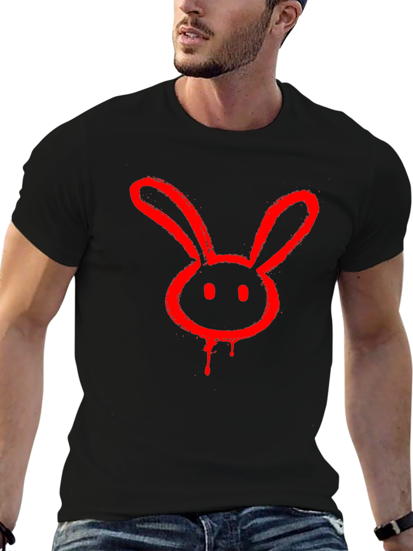 Red Bunny Graphic Tee - Black Cotton Casual T-Shirt