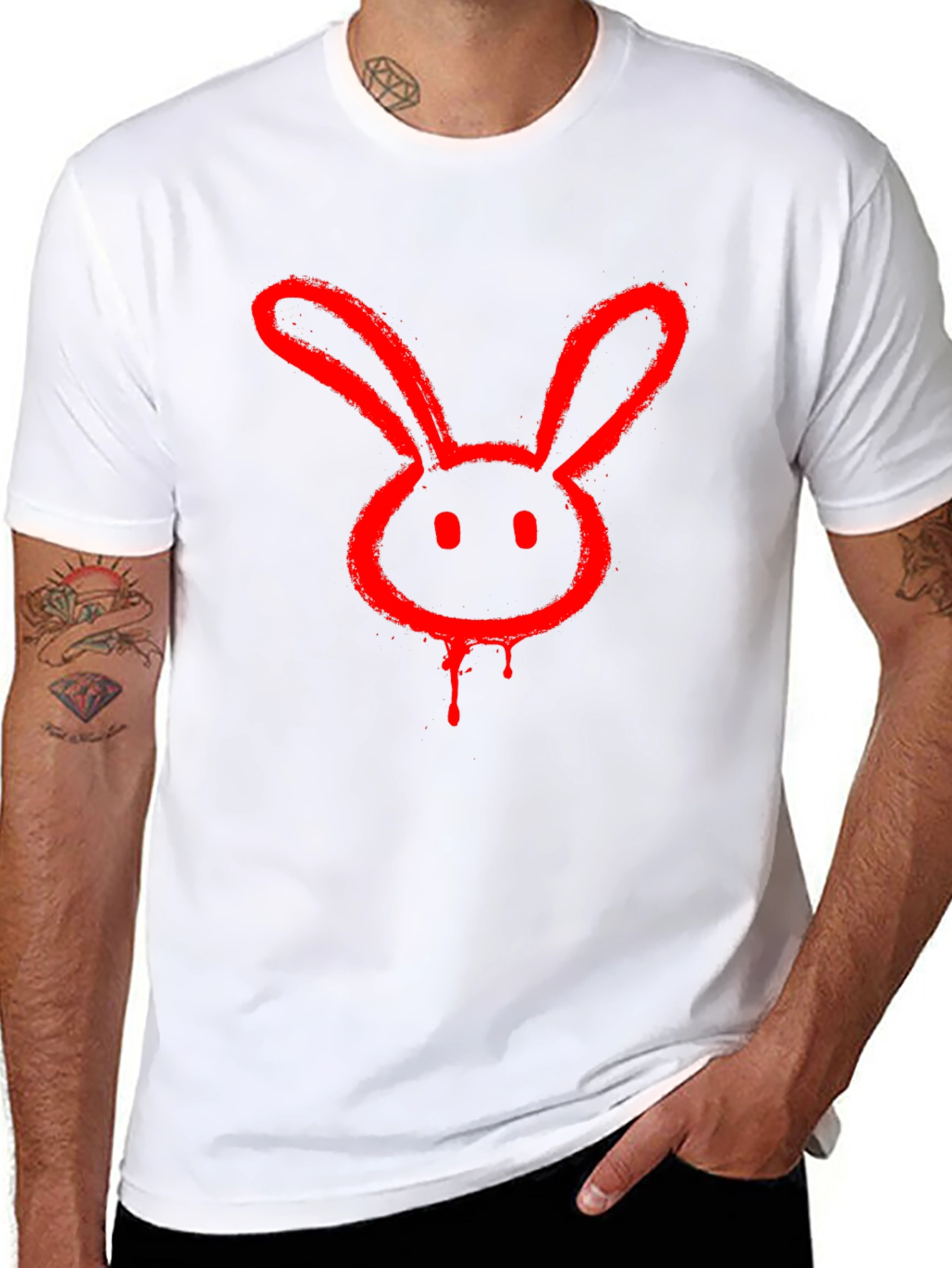 Red Bunny Graphic Tee - Black Cotton Casual T-Shirt