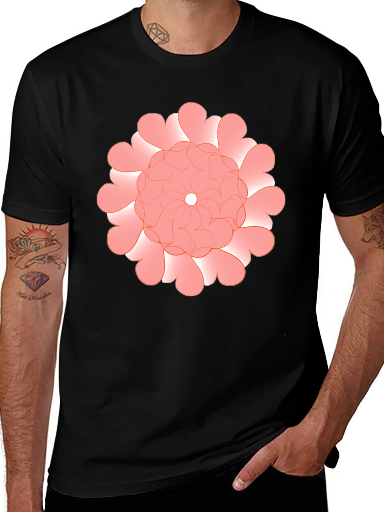 Floral Heart Pattern Black T-Shirt