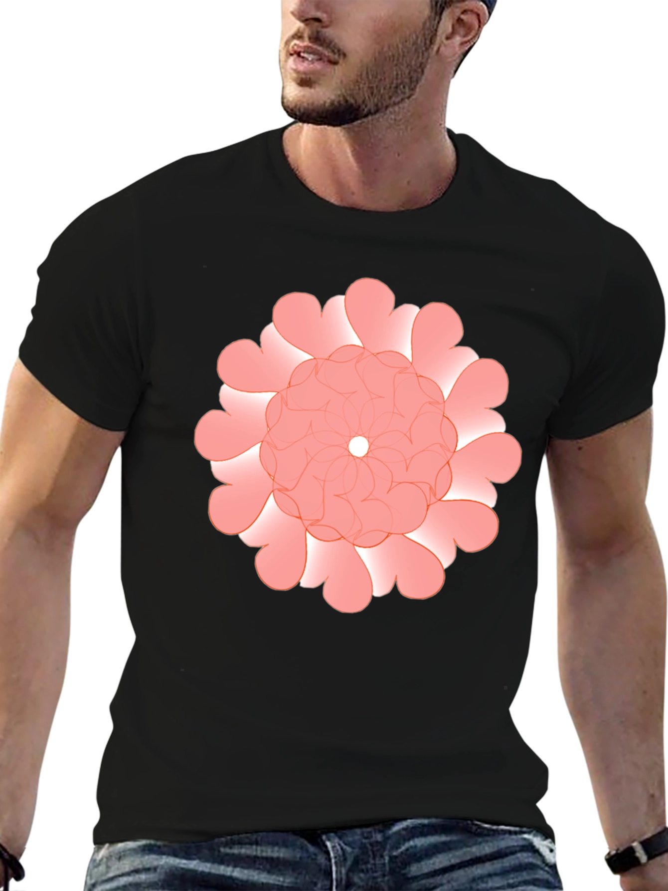 Floral Heart Pattern Black T-Shirt