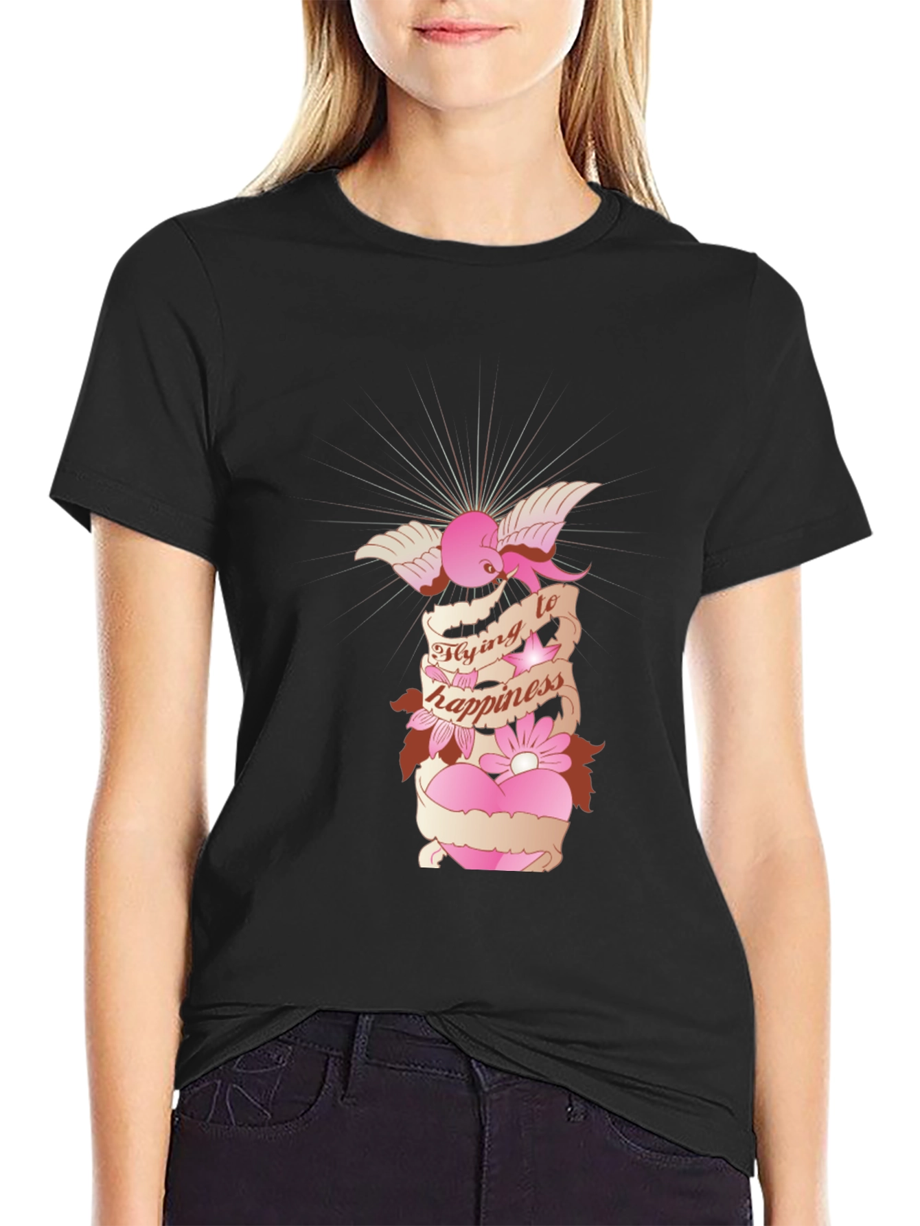 Flying to Happiness Graphic Black T-Shirt