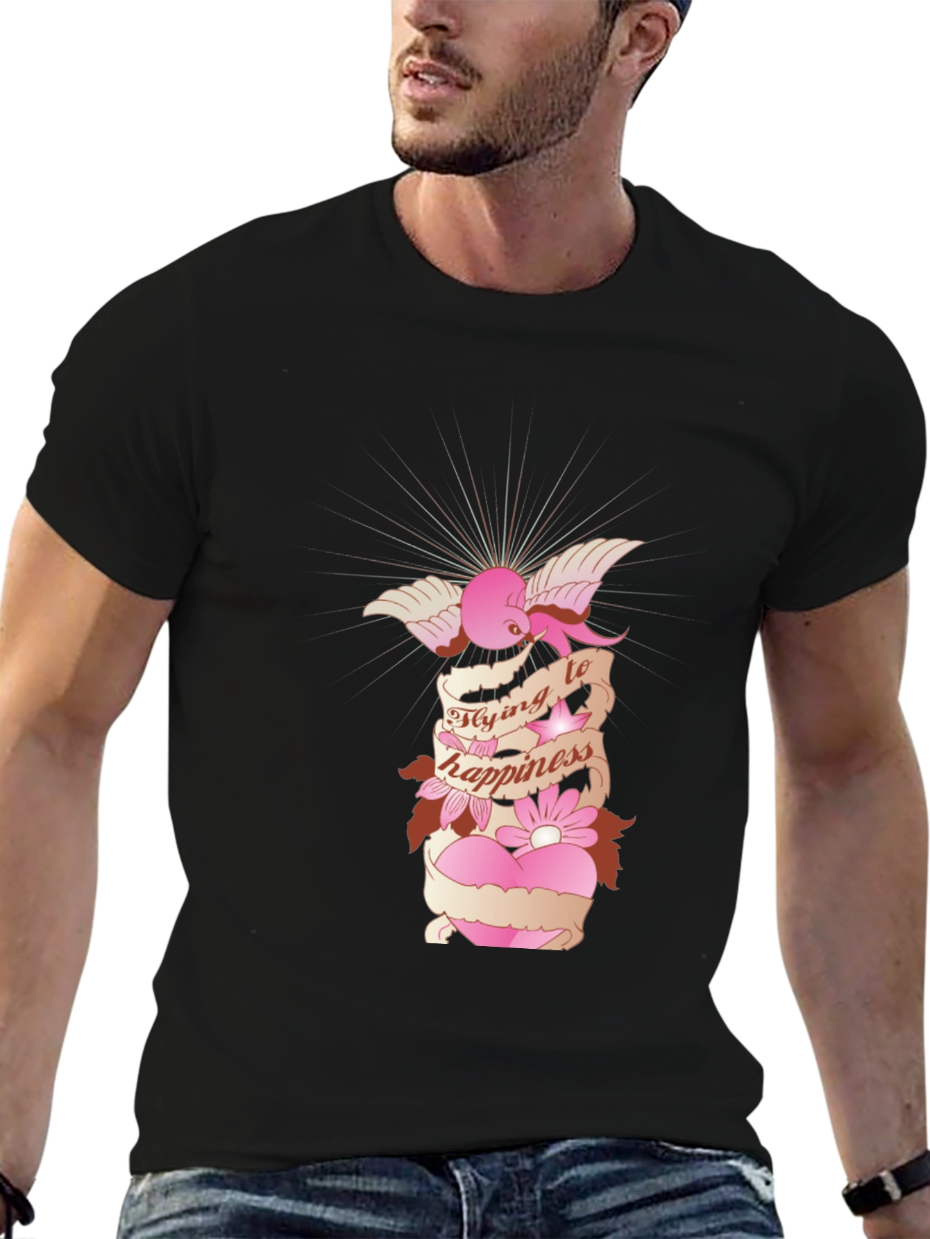 Flying to Happiness Graphic Black T-Shirt