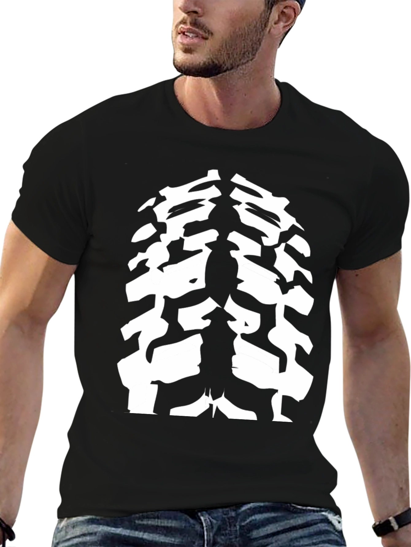 Cool Black T-Shirt with Abstract Rib Cage Design