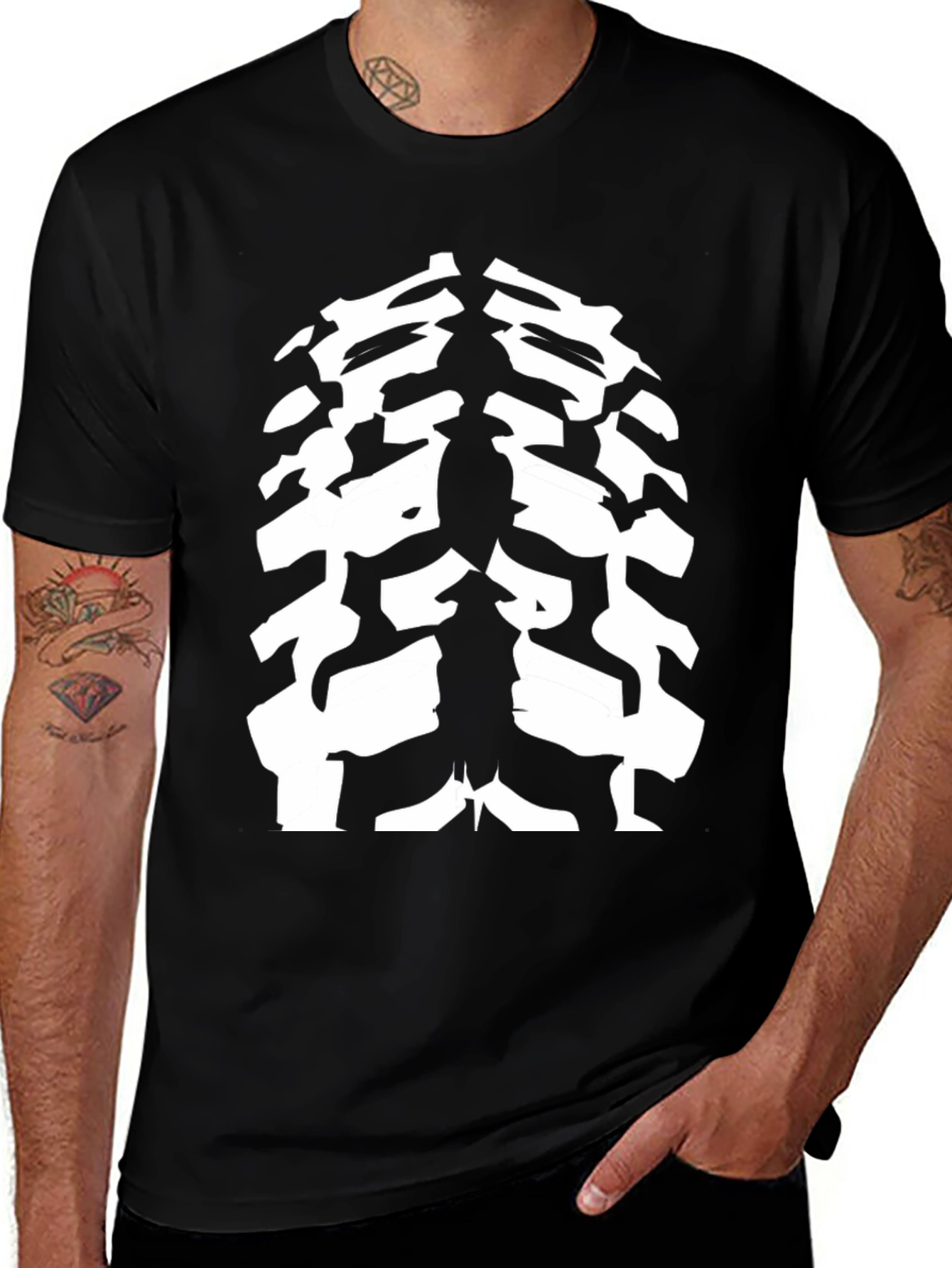 Cool Black T-Shirt with Abstract Rib Cage Design