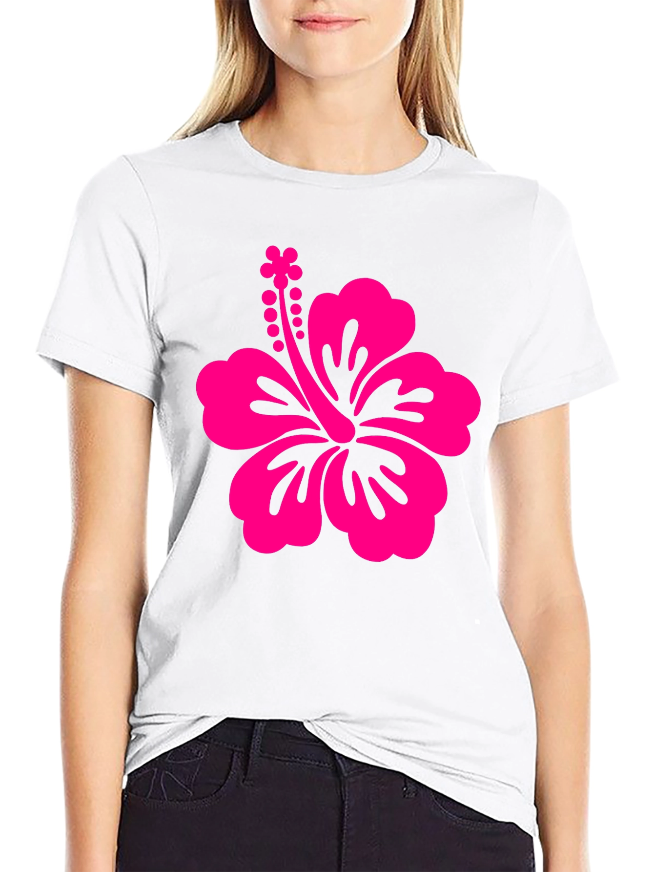 Black Tee with Pink Hibiscus Flower Graphic