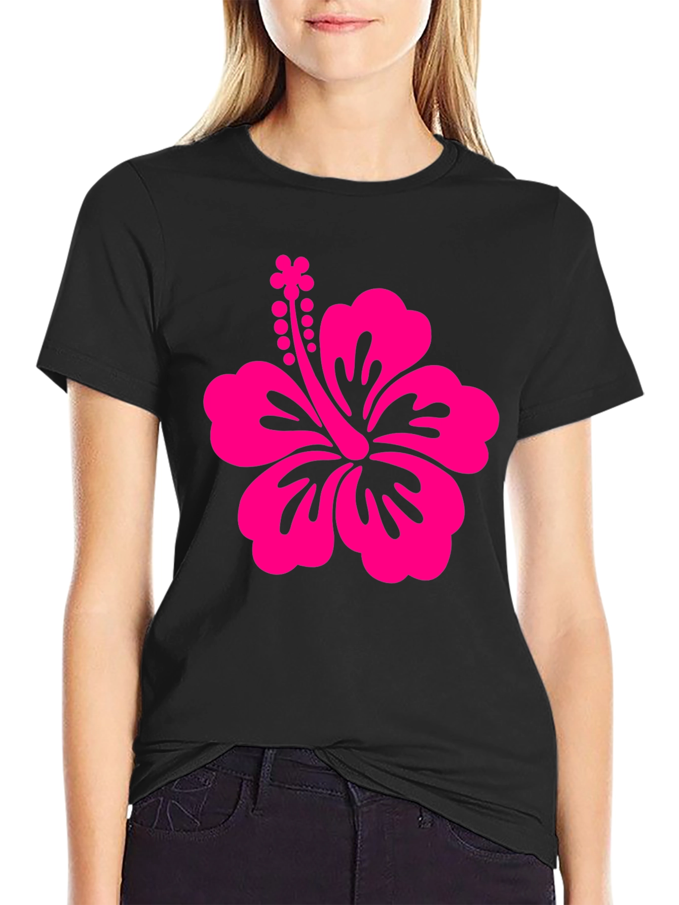 Black Tee with Pink Hibiscus Flower Graphic