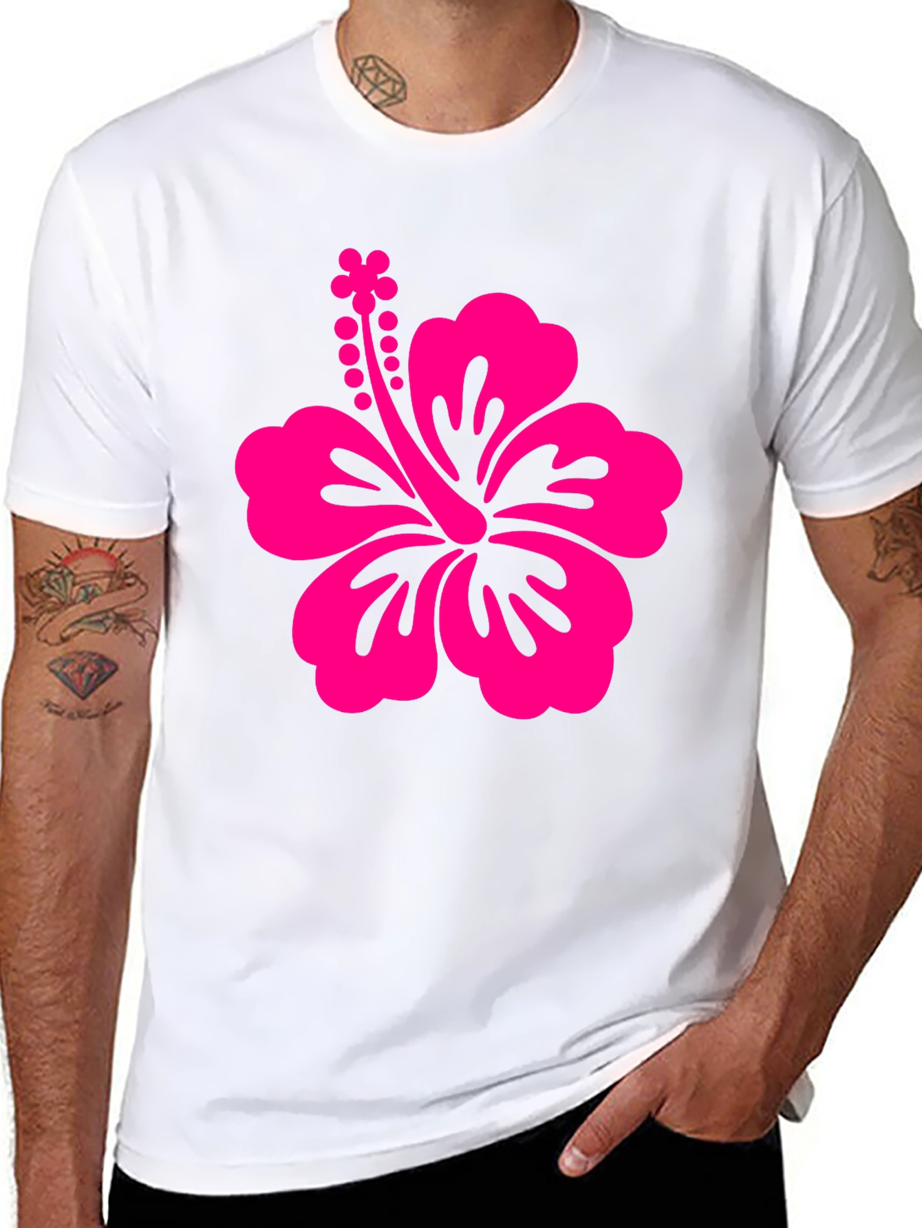 Black Tee with Pink Hibiscus Flower Graphic