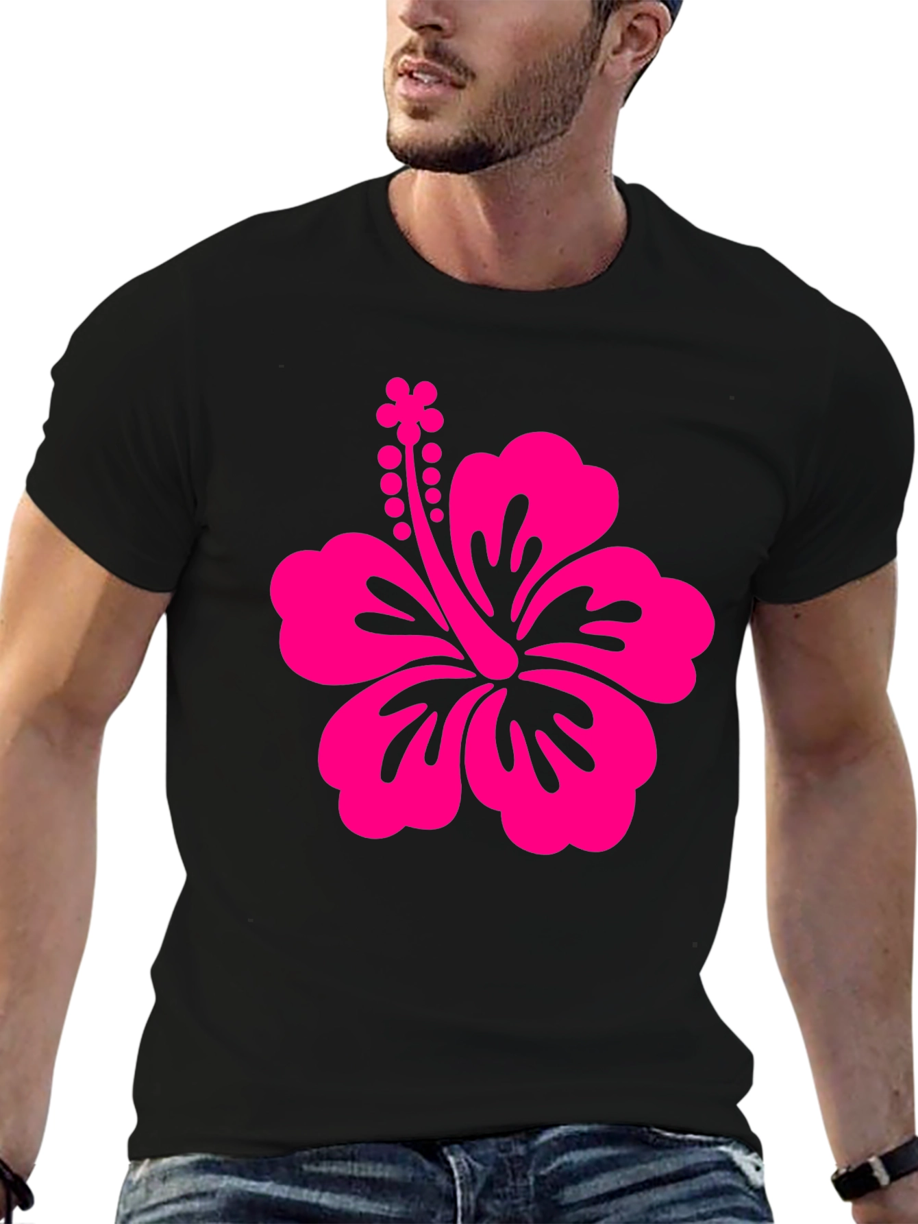 Black Tee with Pink Hibiscus Flower Graphic