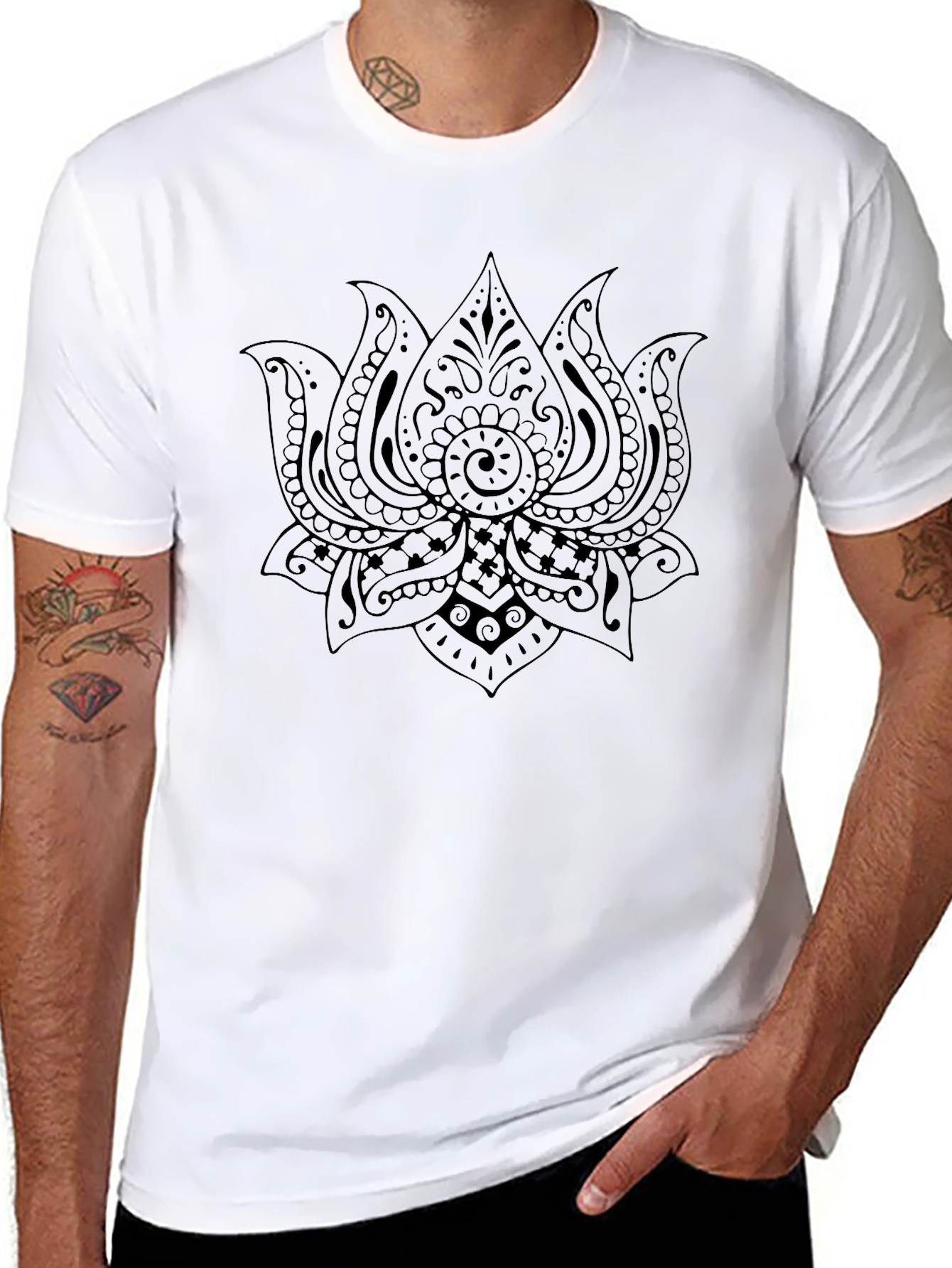 Black T-Shirt with Lotus Flower Graphic