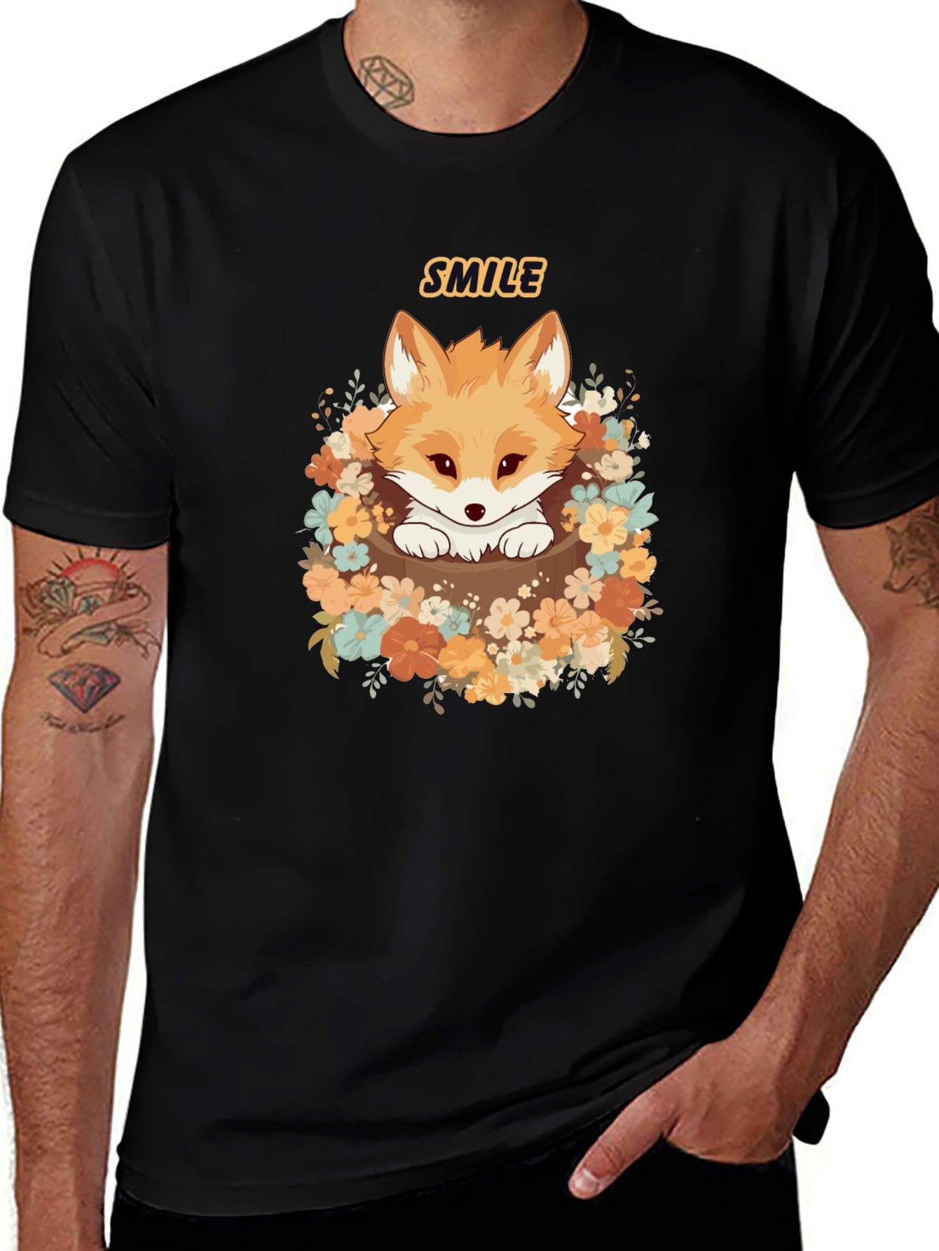 Cute Fox Smile Graphic T-Shirt - Black