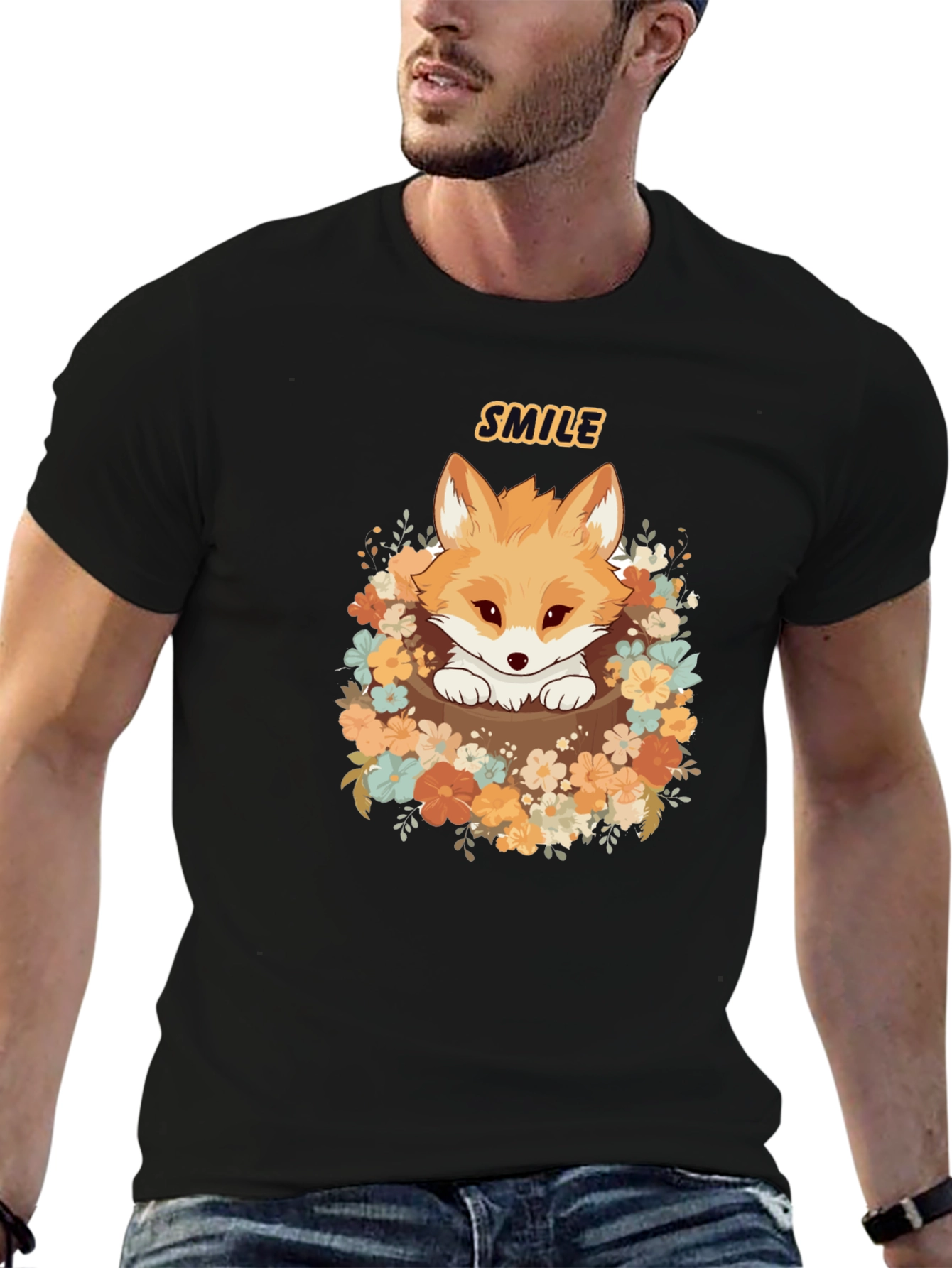 Cute Fox Smile Graphic T-Shirt - Black