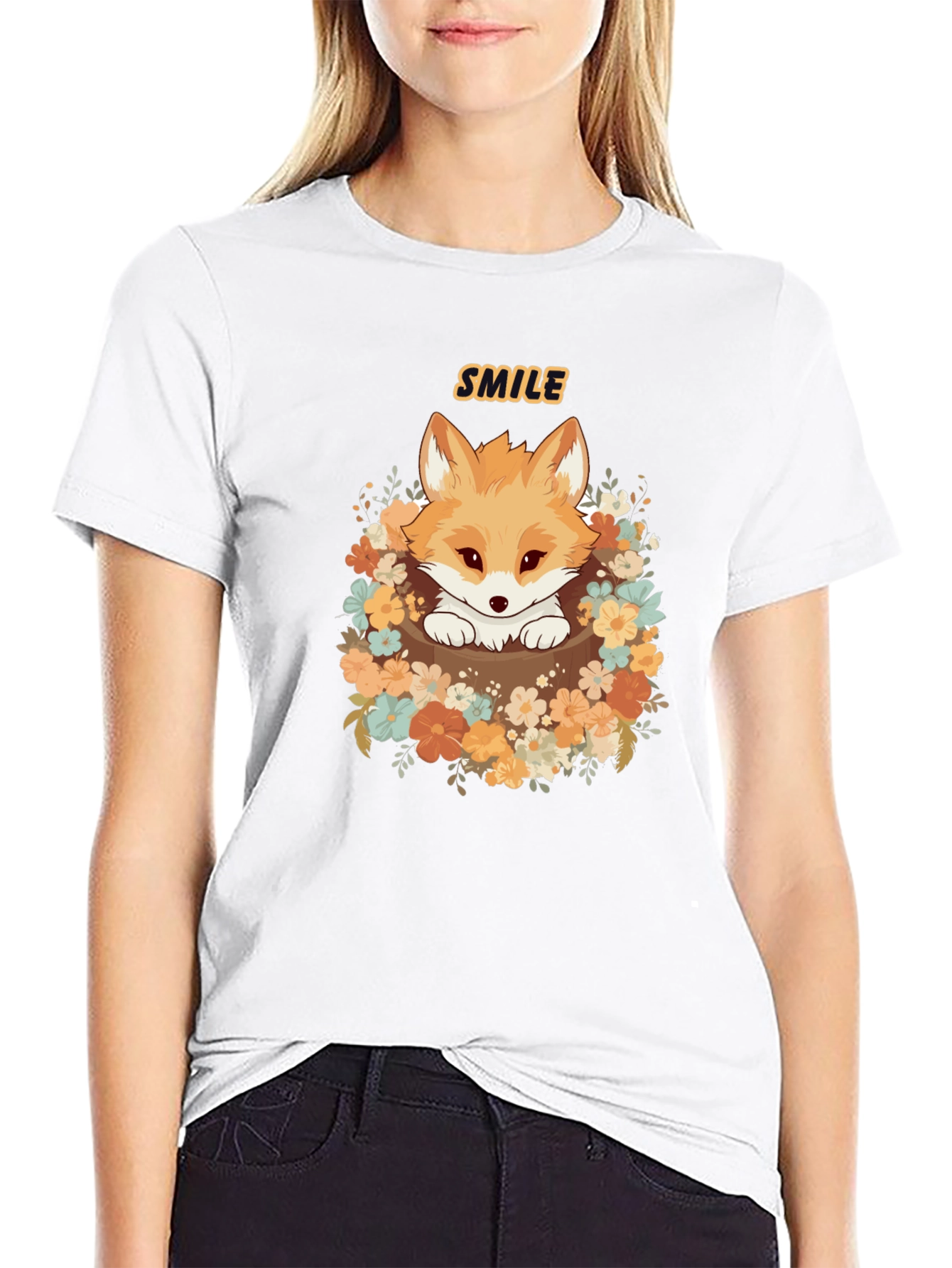 Cute Fox Smile Graphic T-Shirt - Black