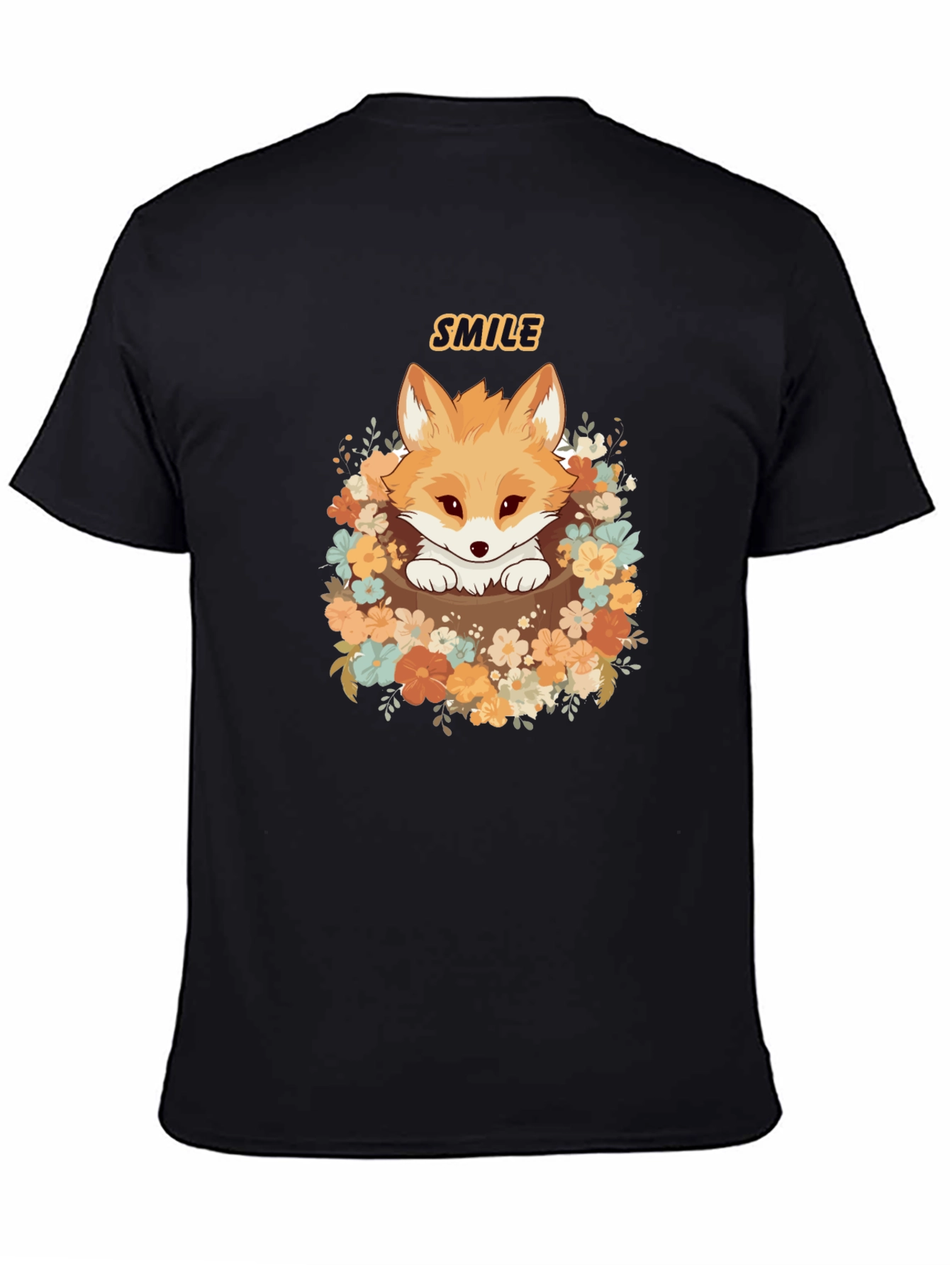 Cute Fox Smile Graphic T-Shirt - Black