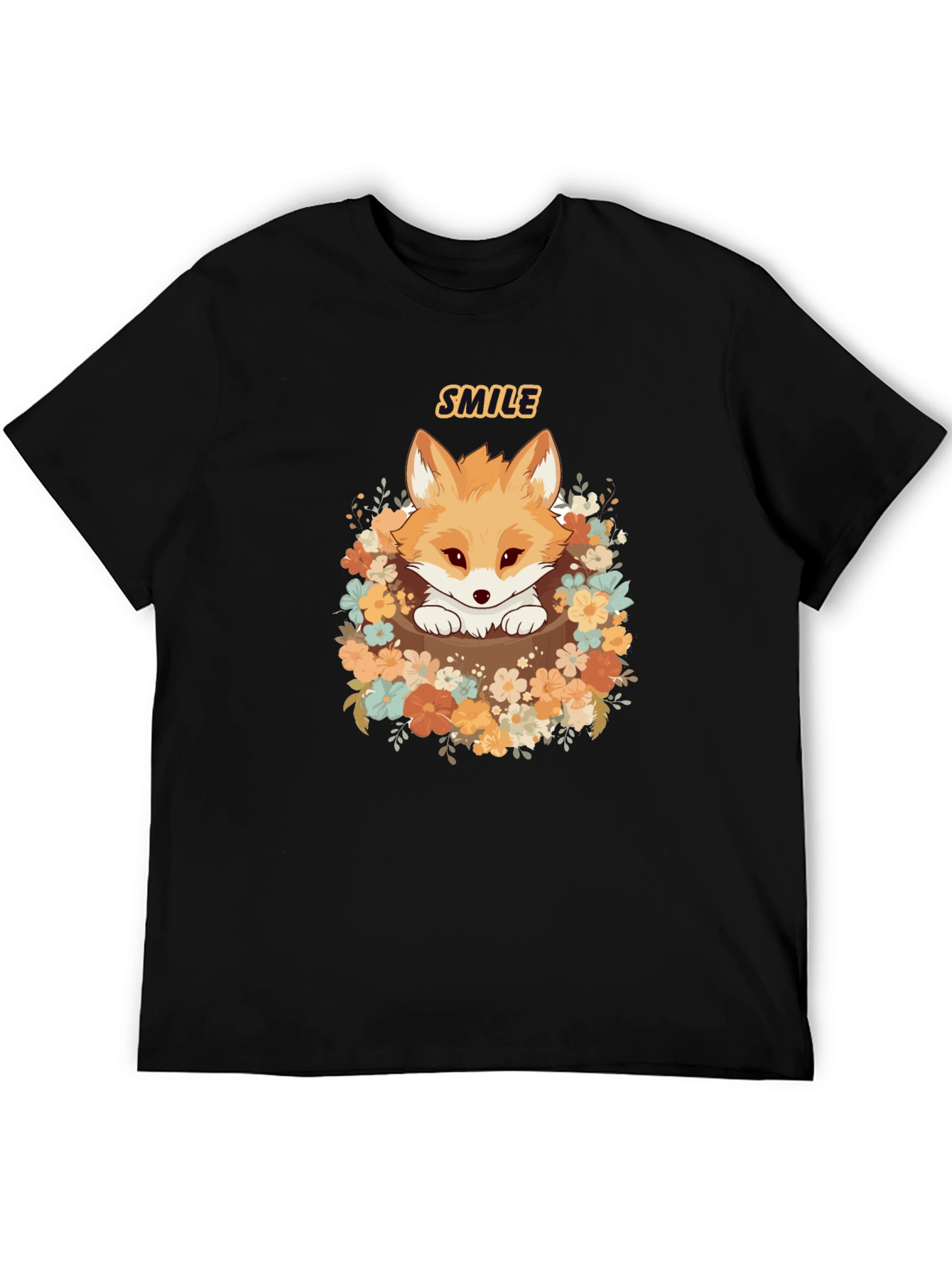 Cute Fox Smile Graphic T-Shirt - Black