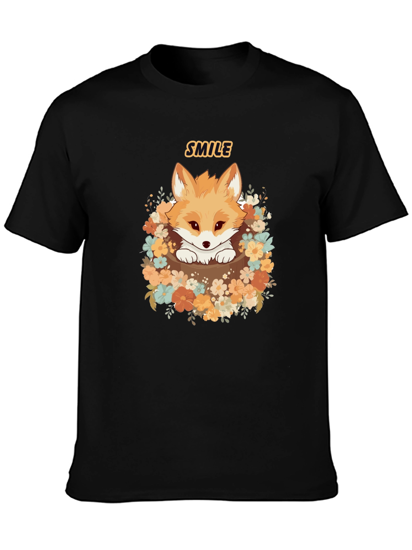 Cute Fox Smile Graphic T-Shirt - Black