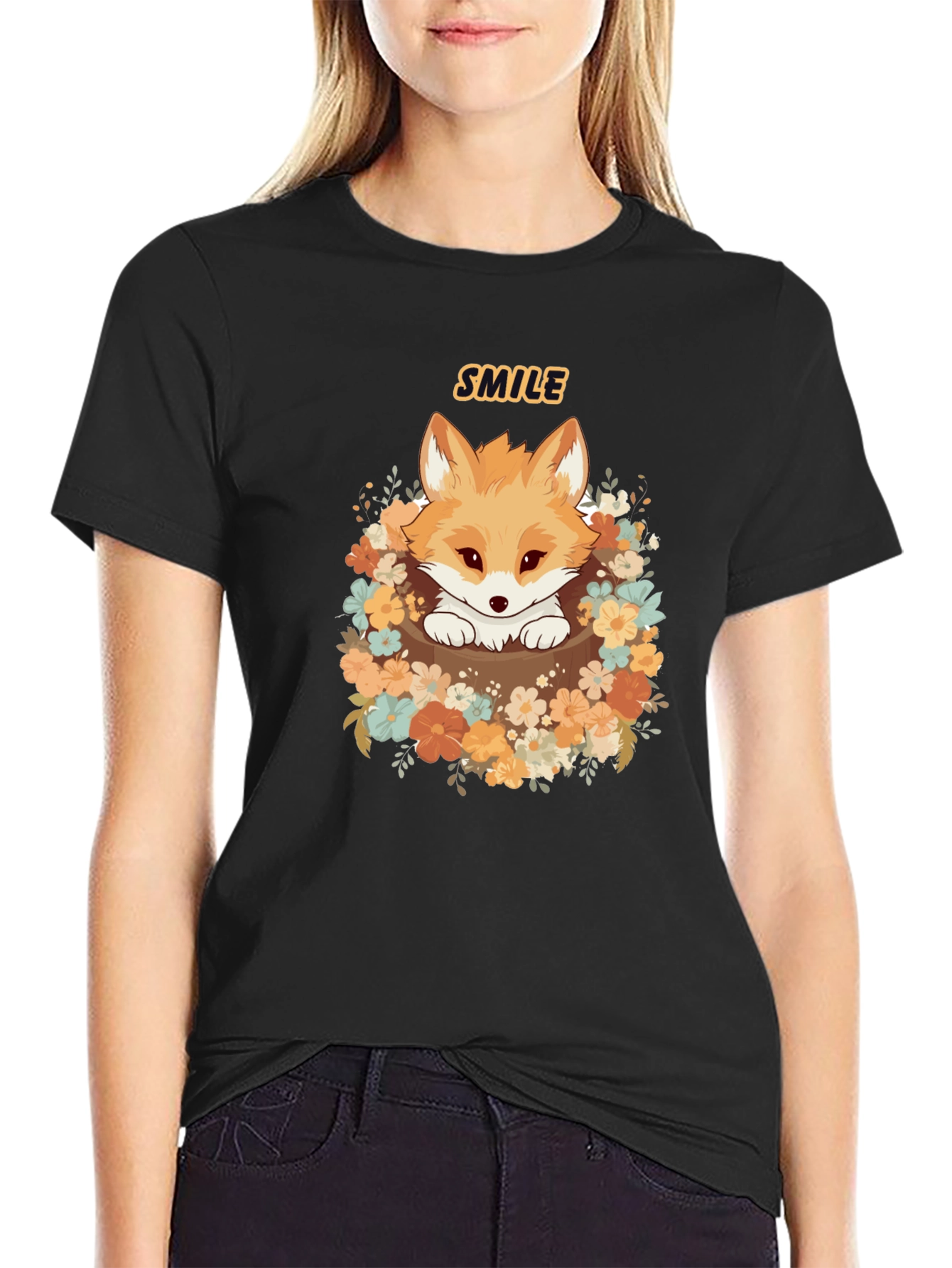 Cute Fox Smile Graphic T-Shirt - Black