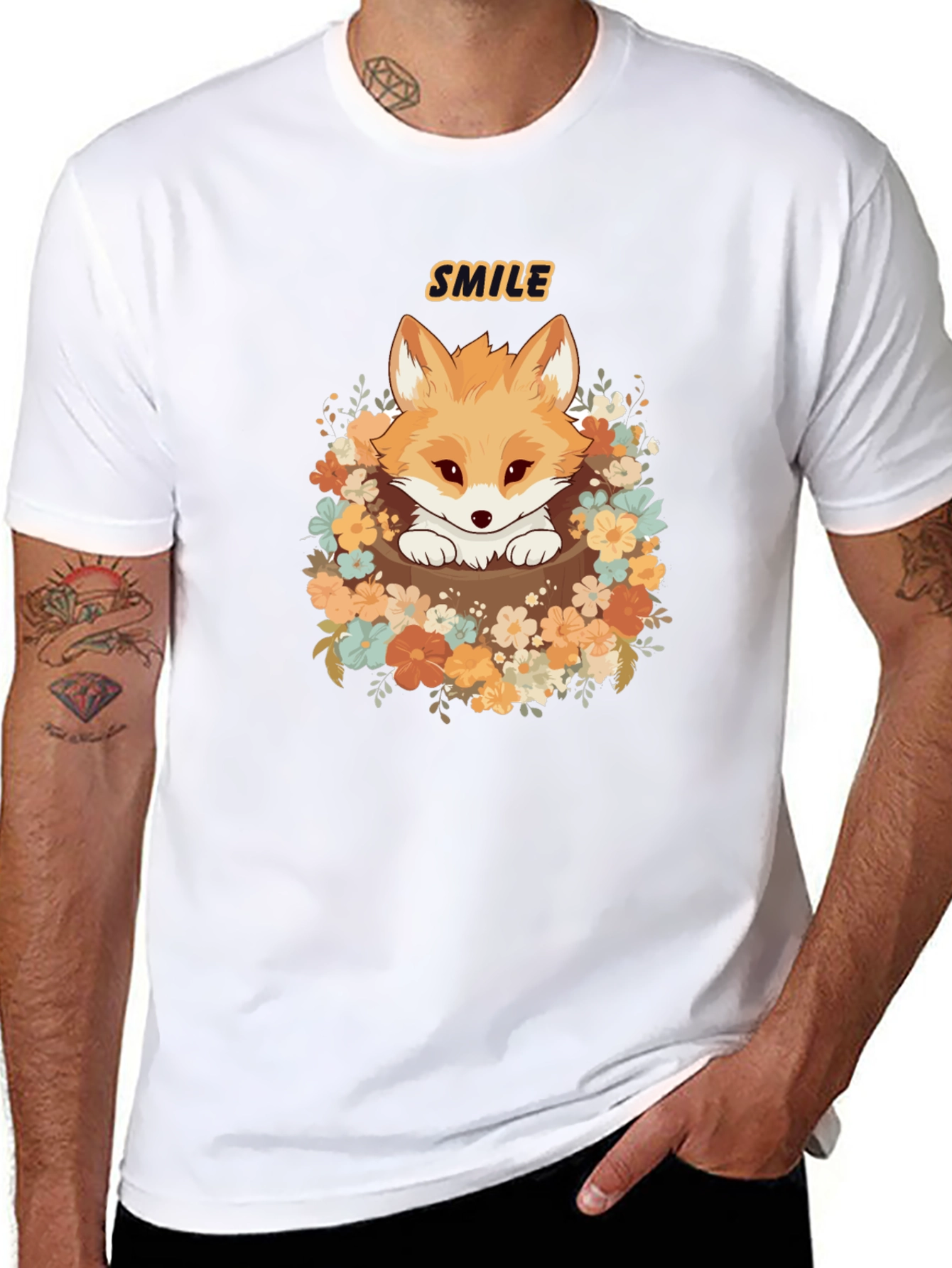 Cute Fox Smile Graphic T-Shirt - Black
