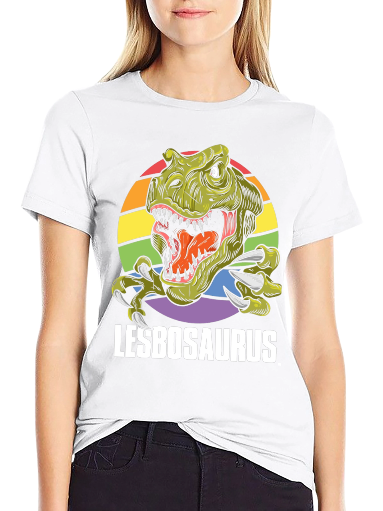 Lesbosaurus T-Shirt - Rainbow Dinosaur Pride Tee