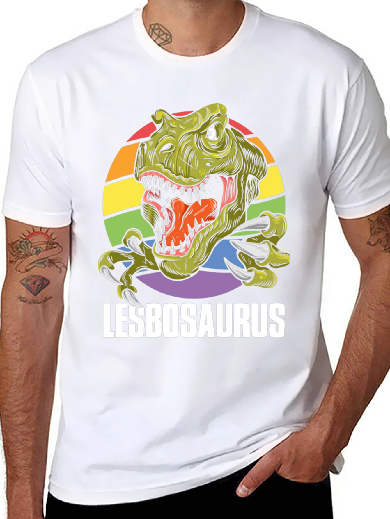 Lesbosaurus T-Shirt - Rainbow Dinosaur Pride Tee