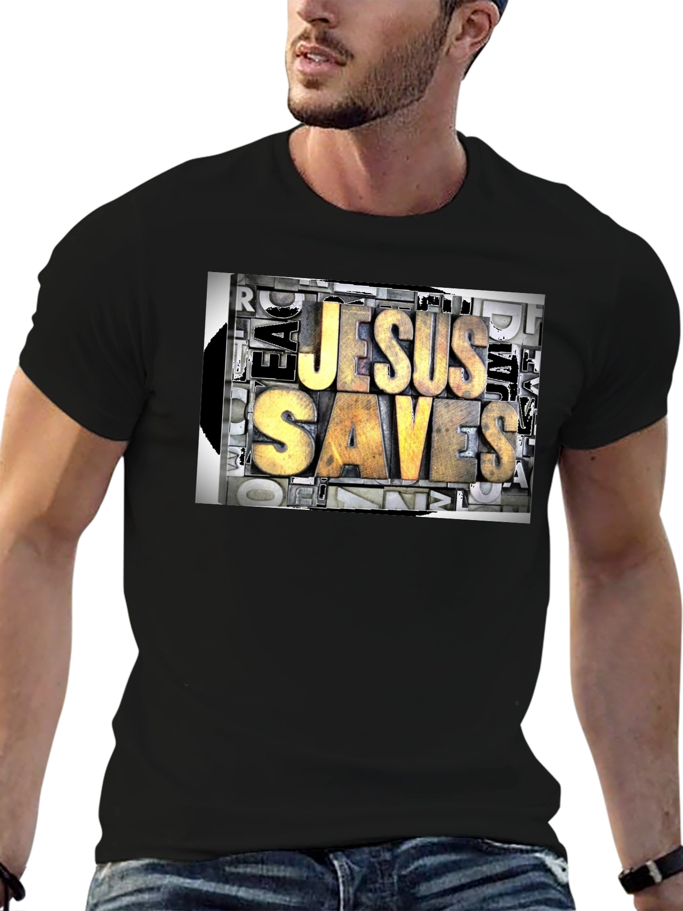 Jesus Saves Graphic Print Black T-Shirt