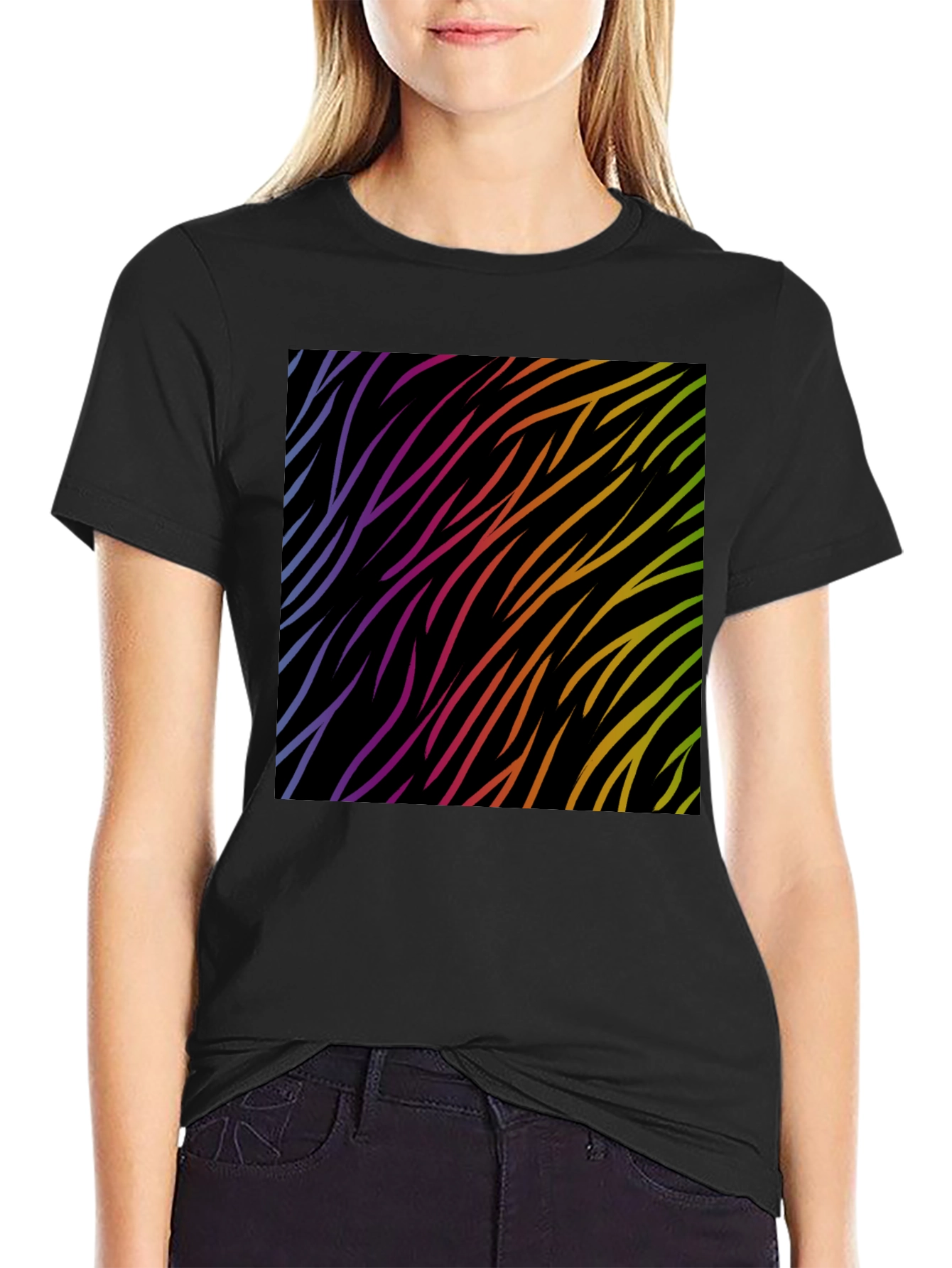 Rainbow Wave Zebra Print Black T-Shirt
