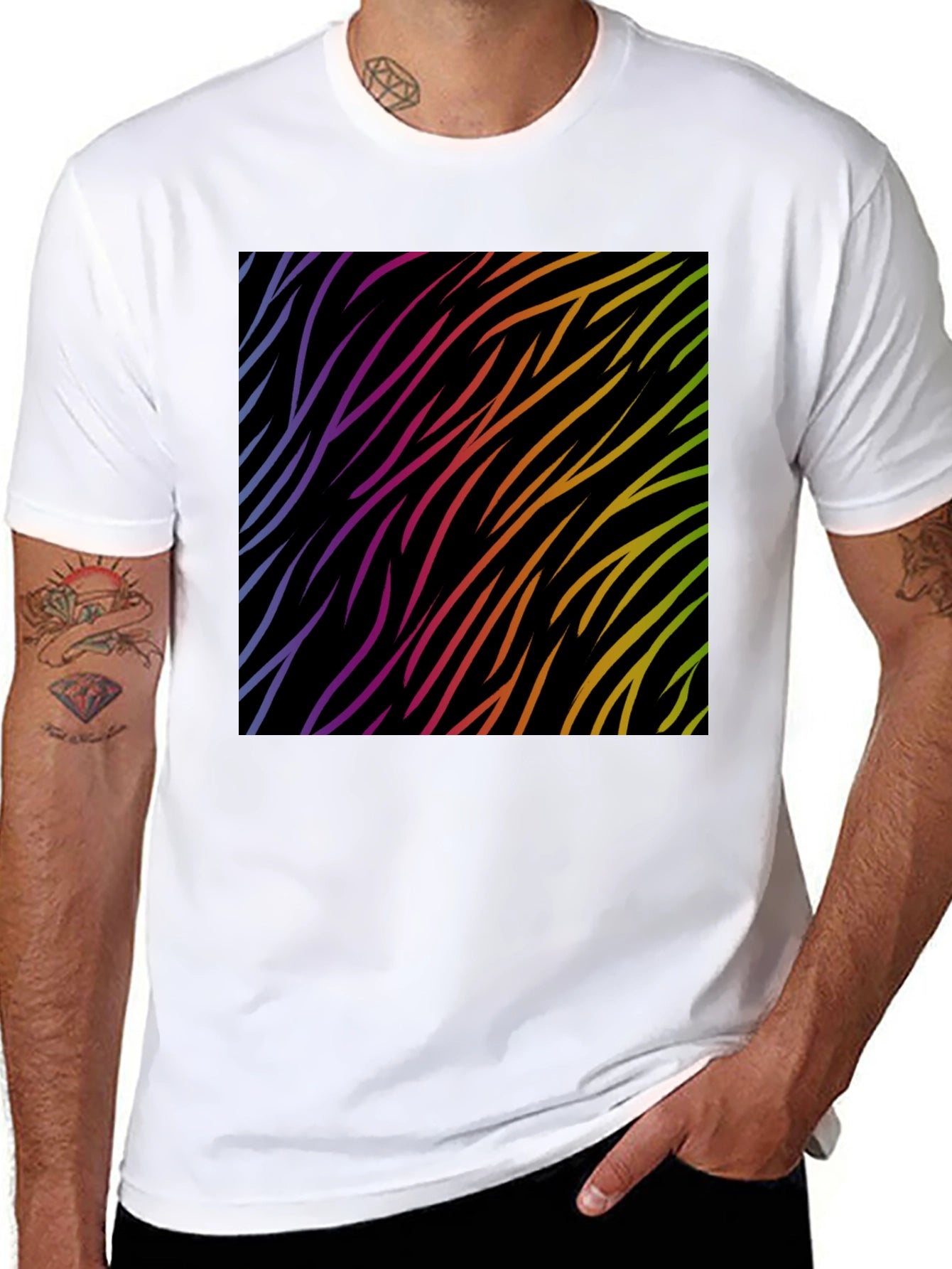 Rainbow Wave Zebra Print Black T-Shirt