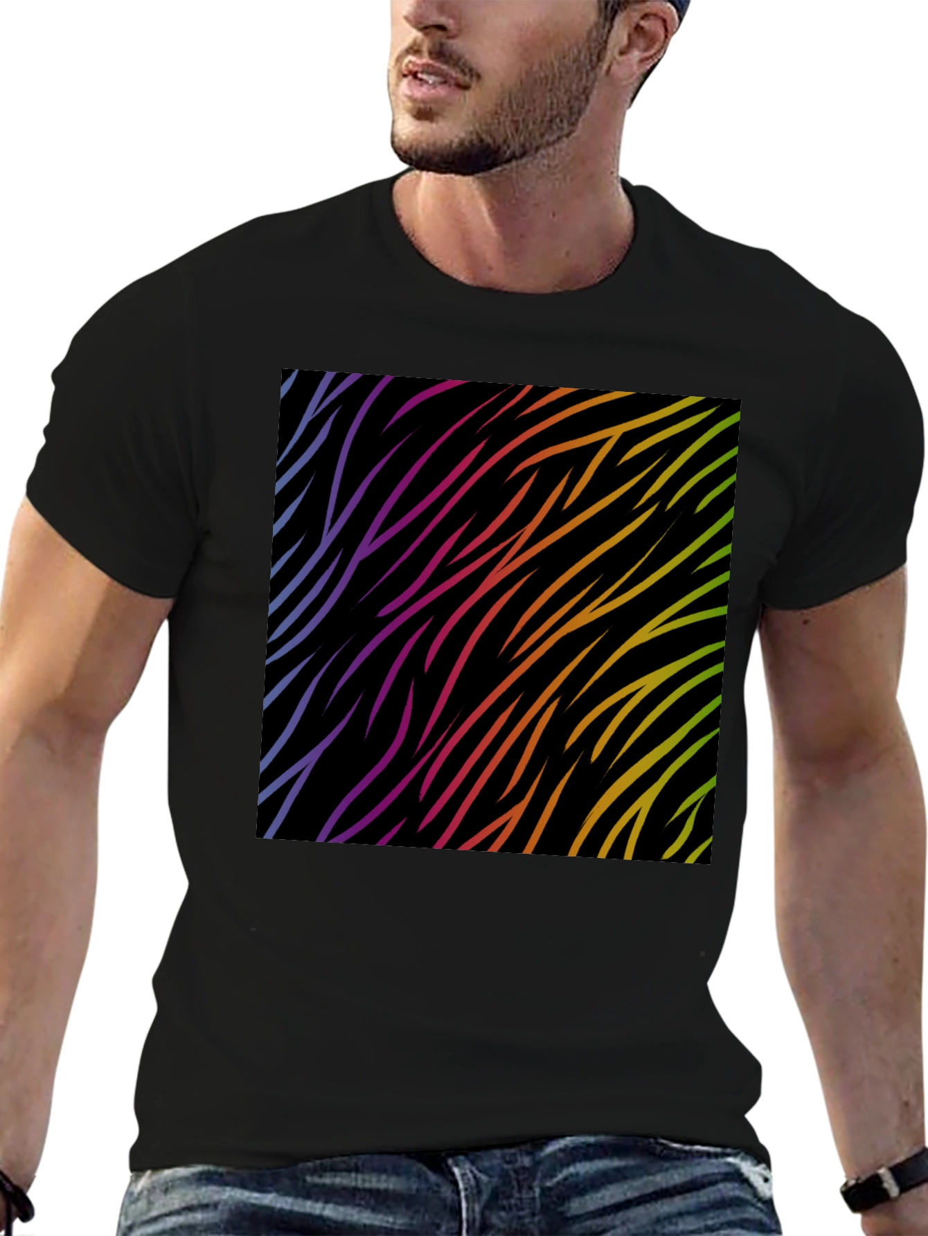 Rainbow Wave Zebra Print Black T-Shirt