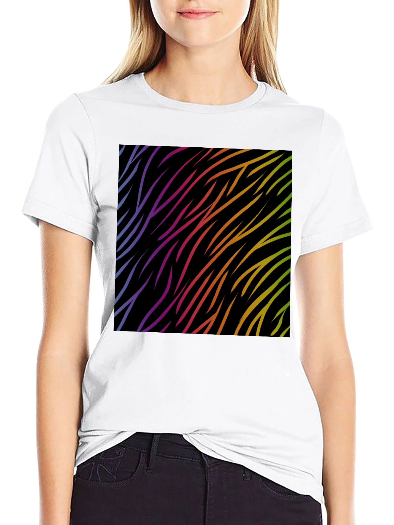 Rainbow Wave Zebra Print Black T-Shirt