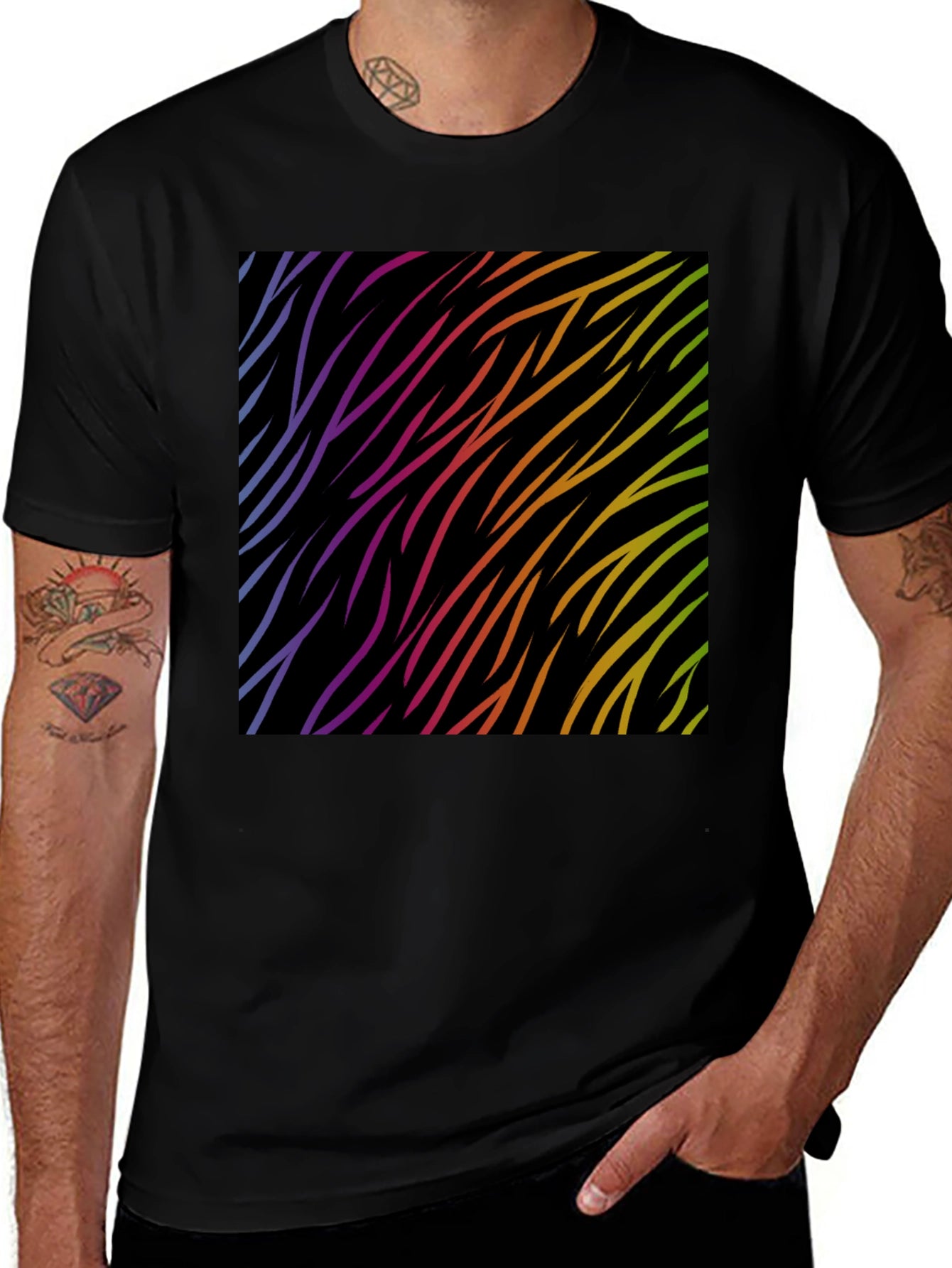 Rainbow Wave Zebra Print Black T-Shirt