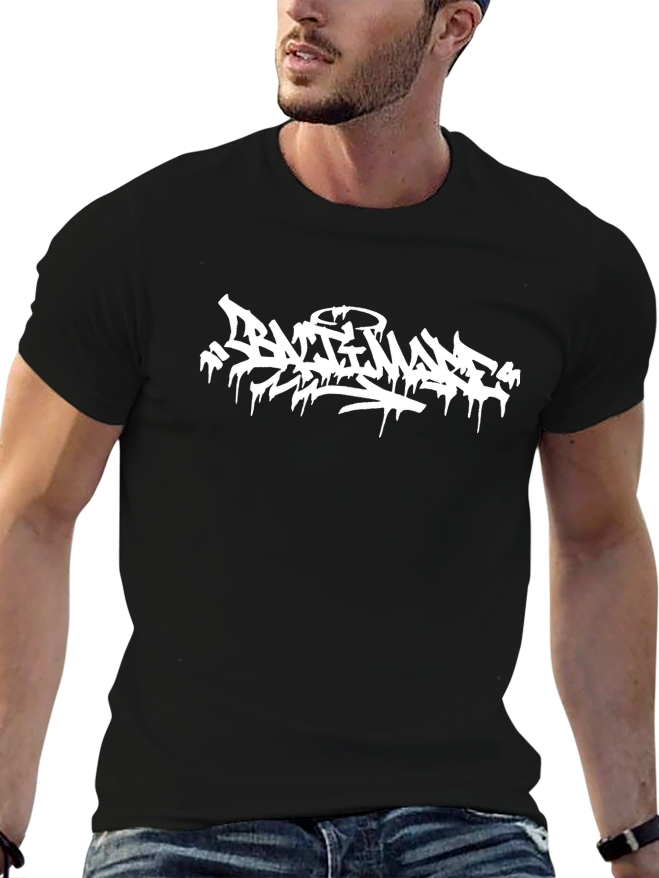 Black Graphic Tee - Graffiti Style White Print
