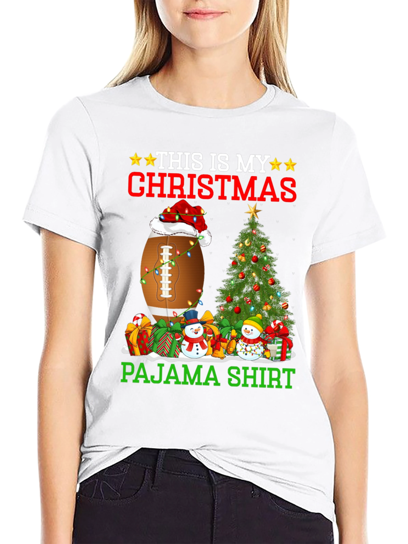 Christmas Pajama Shirt Football Santa Tee