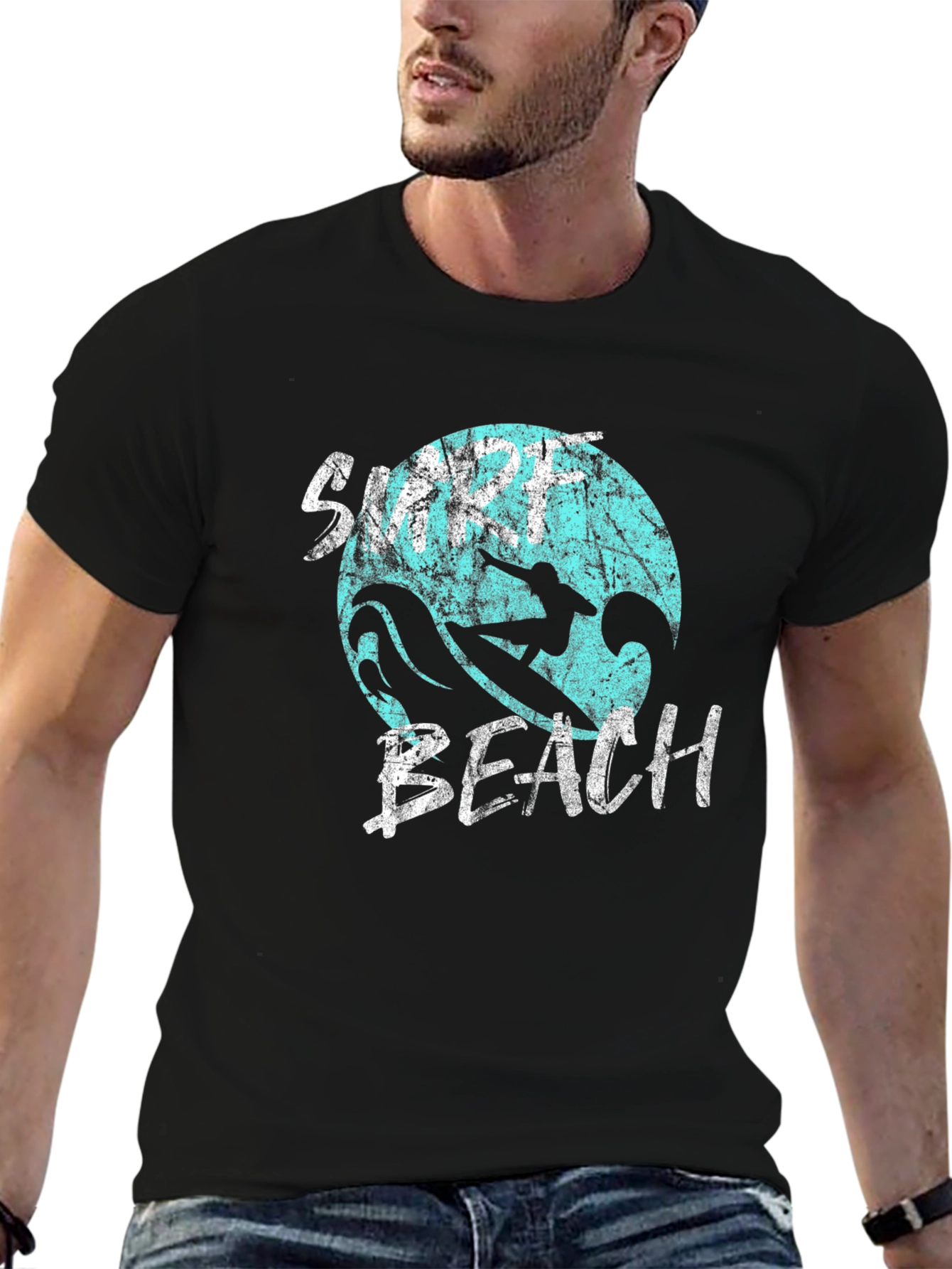Surf Beach Graphic Tee - Black Cotton T-Shirt