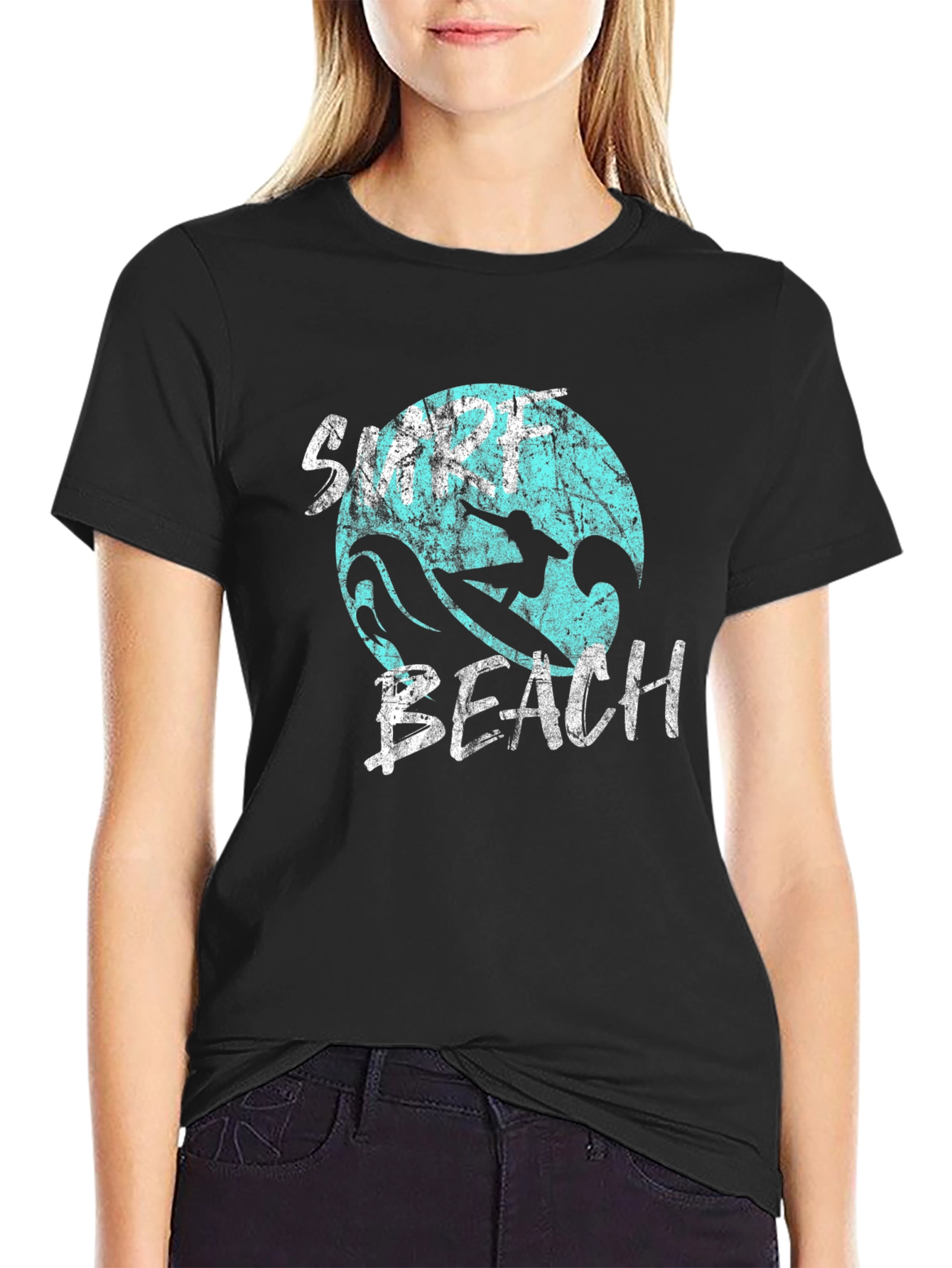Surf Beach Graphic Tee - Black Cotton T-Shirt