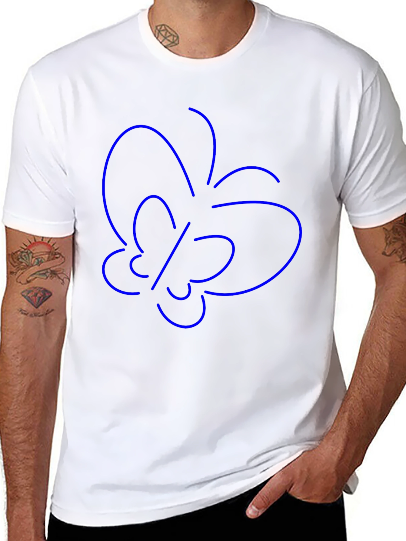 Minimalist Blue Butterfly Outline Black T-Shirt