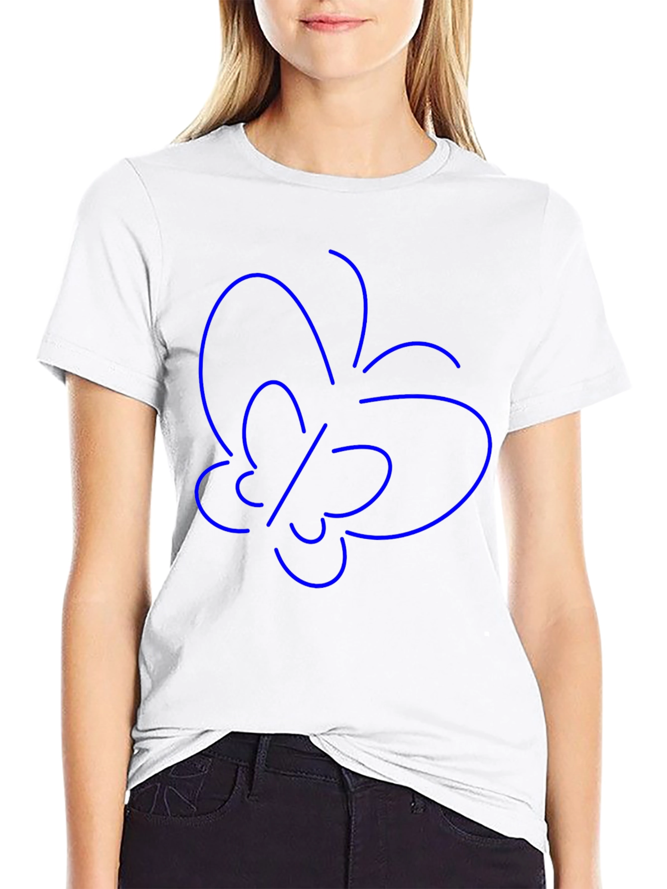 Minimalist Blue Butterfly Outline Black T-Shirt